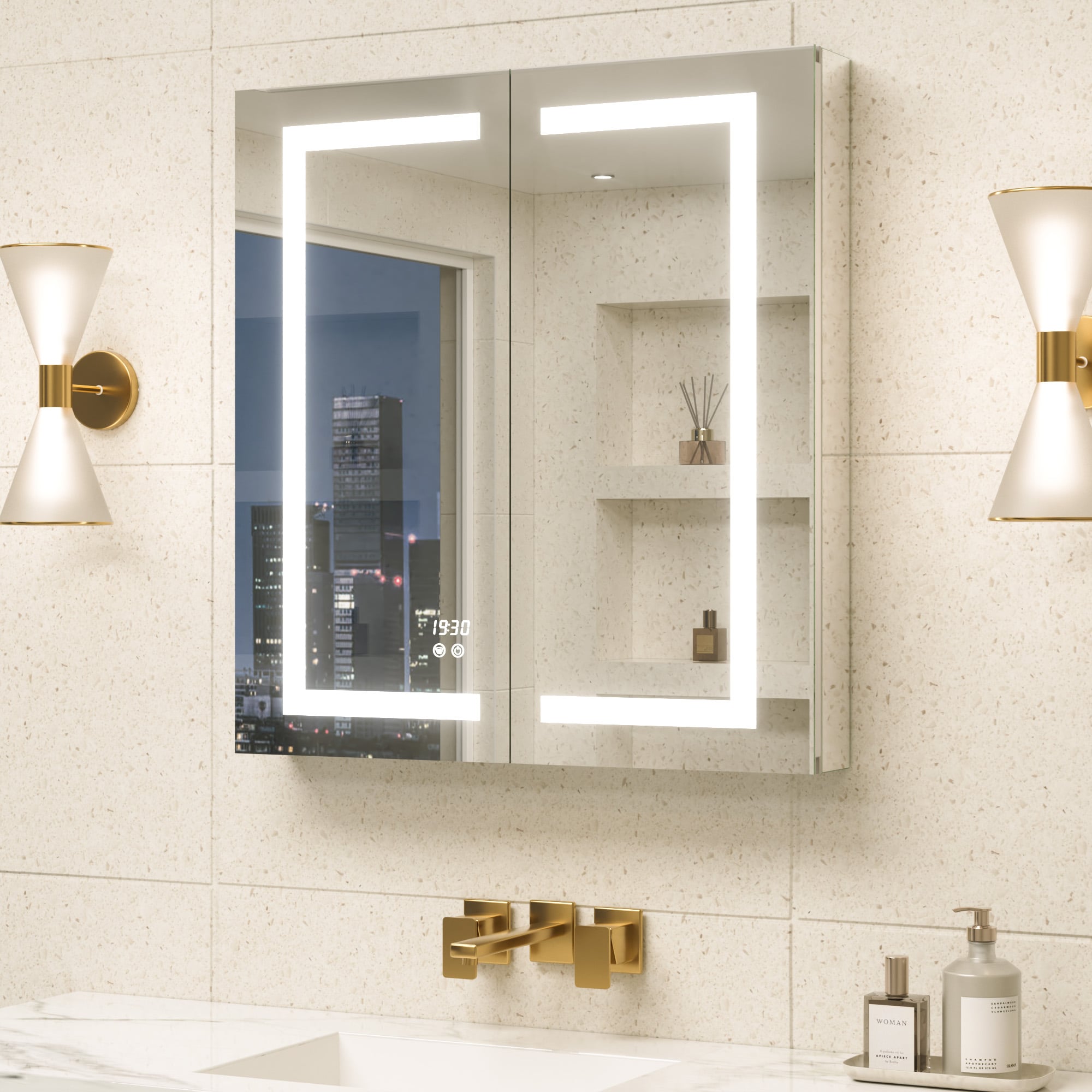 TETOTE 30x32 Inch LED Medicine Cabinet with Lights Surface/Recessed Mount Dimmable 3 Color Lighted Anti-fog Outlet Soft Close