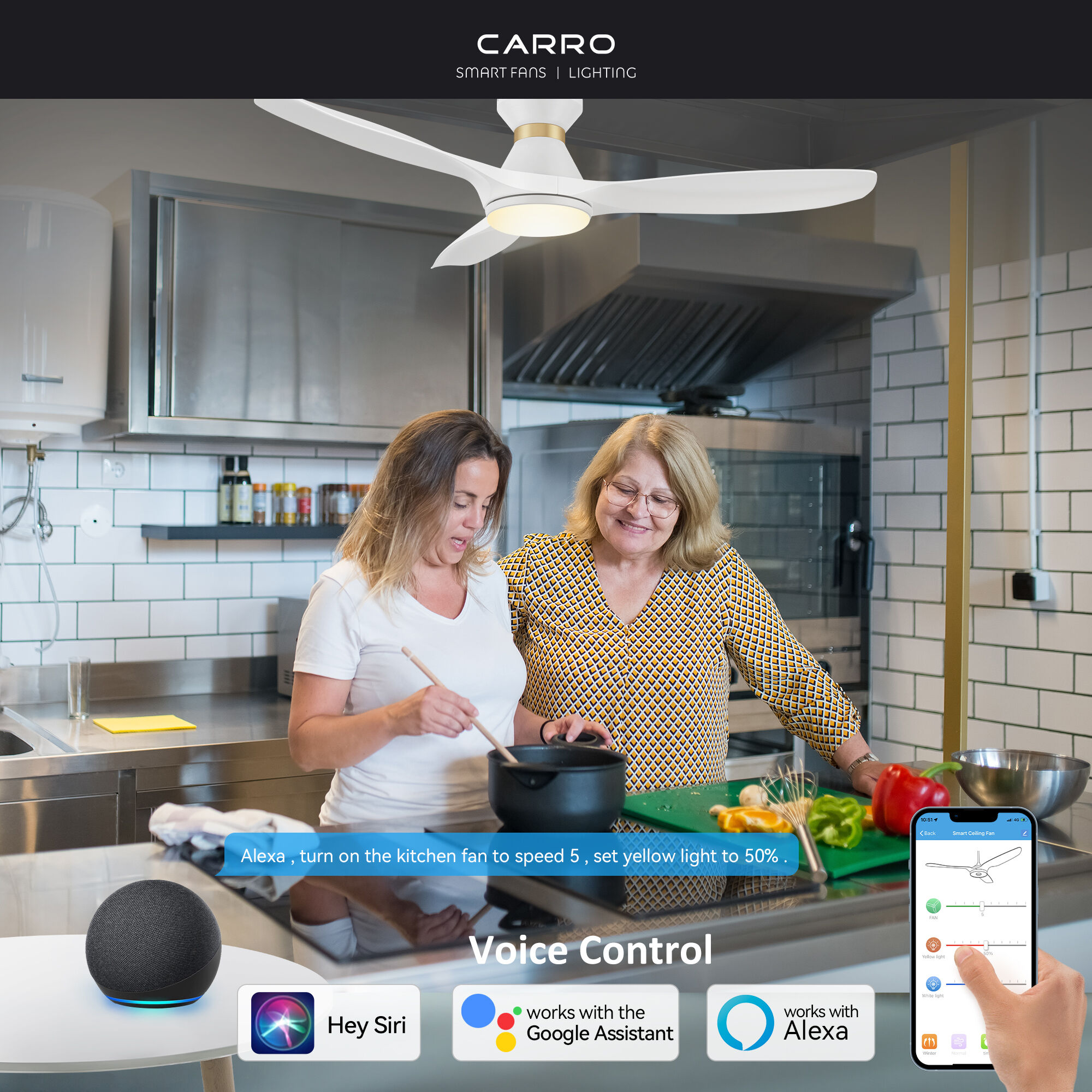 CARRO USA Kore 52-in White Indoor Flush Mount Smart Ceiling Fan with Light and Remote (3-Blade) LS523A4-L12-W1-1-FMA Sansujyuku sansujyuku.com