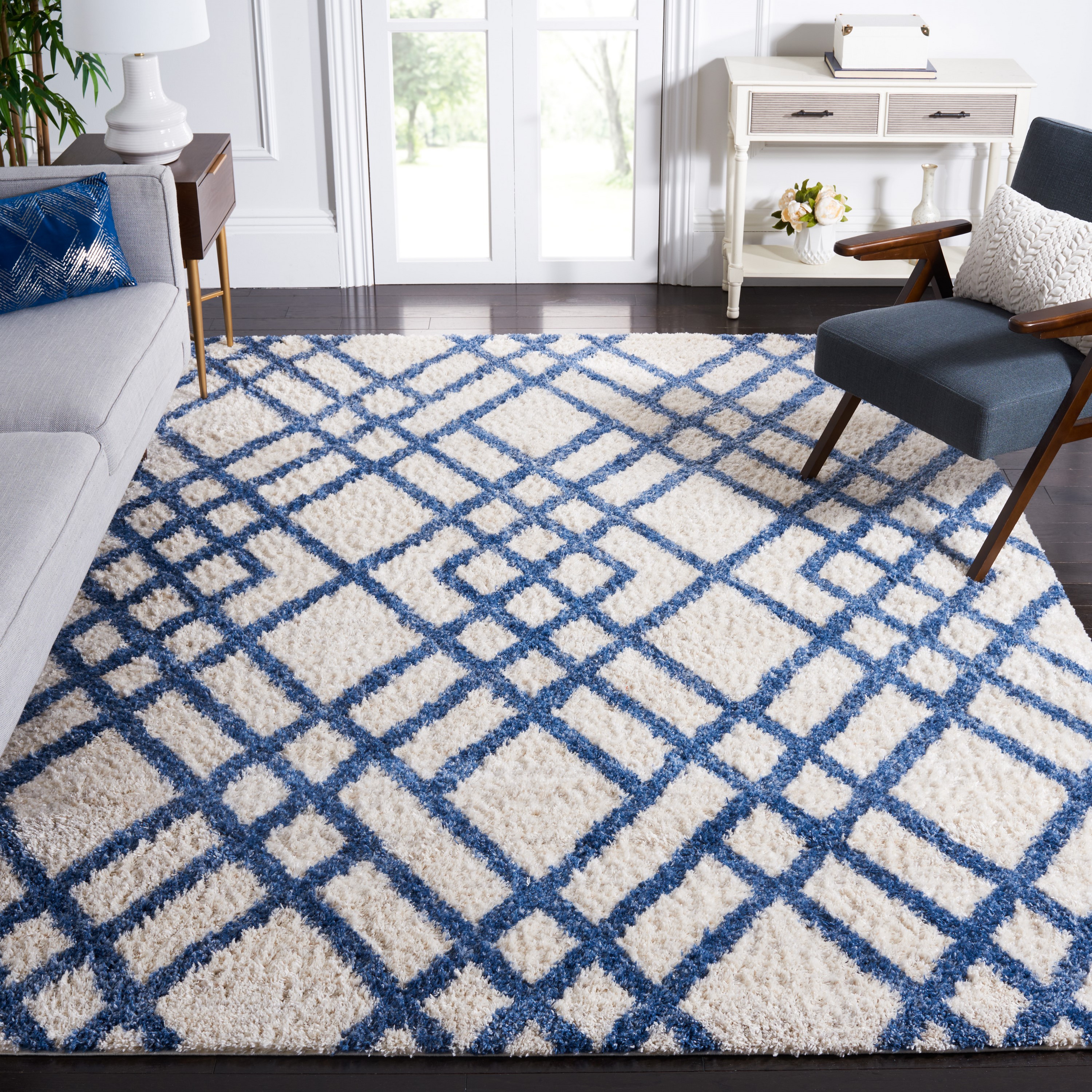 Safavieh BER214B-8 Berber Chevrons Shag 8 x 10 (ft) Loomed Polypropylene Ivory/Blue Rectangular Indoor Geometric Mid-Century Modern Area rug