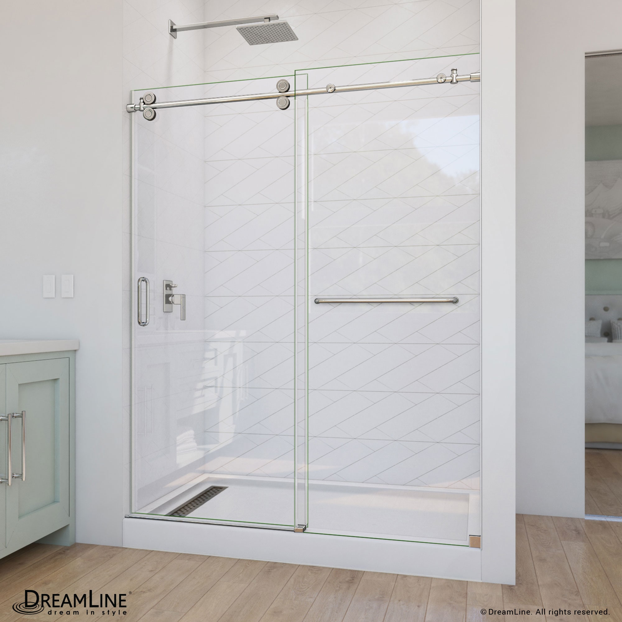 DreamLine SD6160W760VTX08 Enigma-CXO Polished Stainless Steel 56-in to 60-in W x 76-in H Frameless Sliding Shower door 3/8-in Thick Clear Glass
