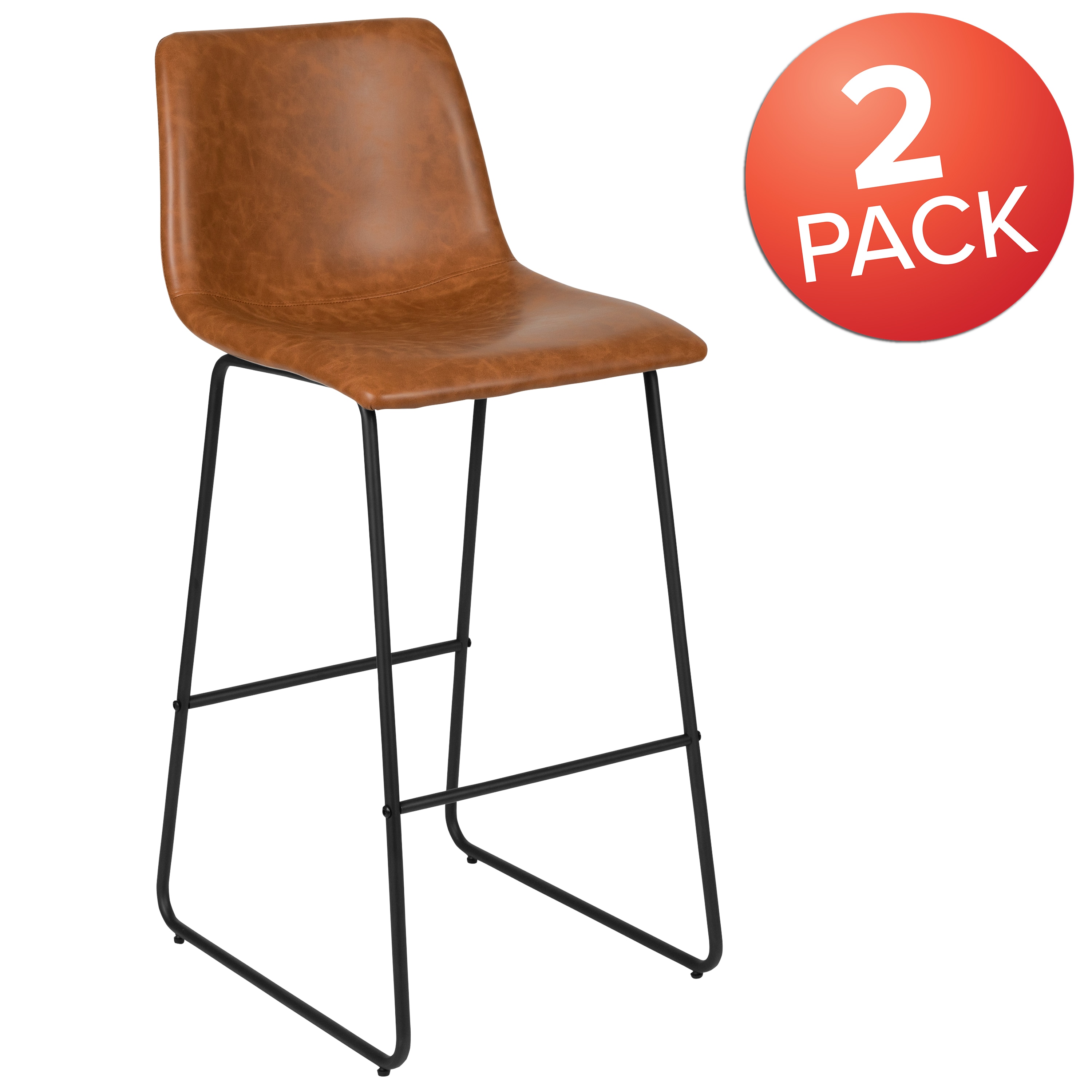 Reagan Light Brown Faux Leather Barstools with Metal Legs, Set of 2