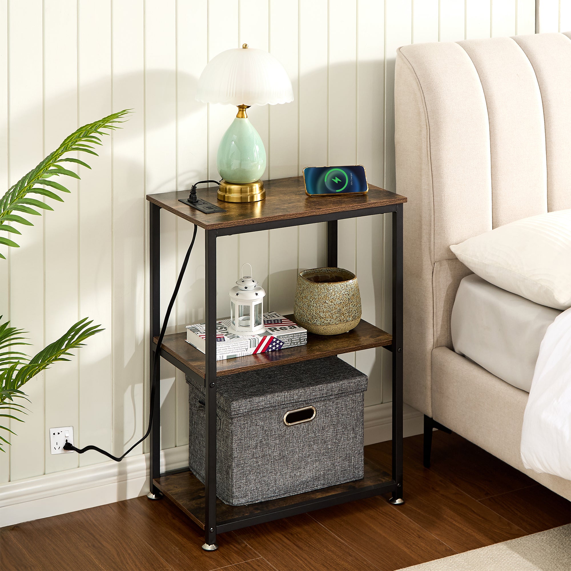 Vecelo LOE-XF-NT05-BRN-UP Tall End Side Table 30in Height Nightstand with 3 Tier Storage Shelf USB Ports and Outlets for Living Room Bedroom Office Hallway Study