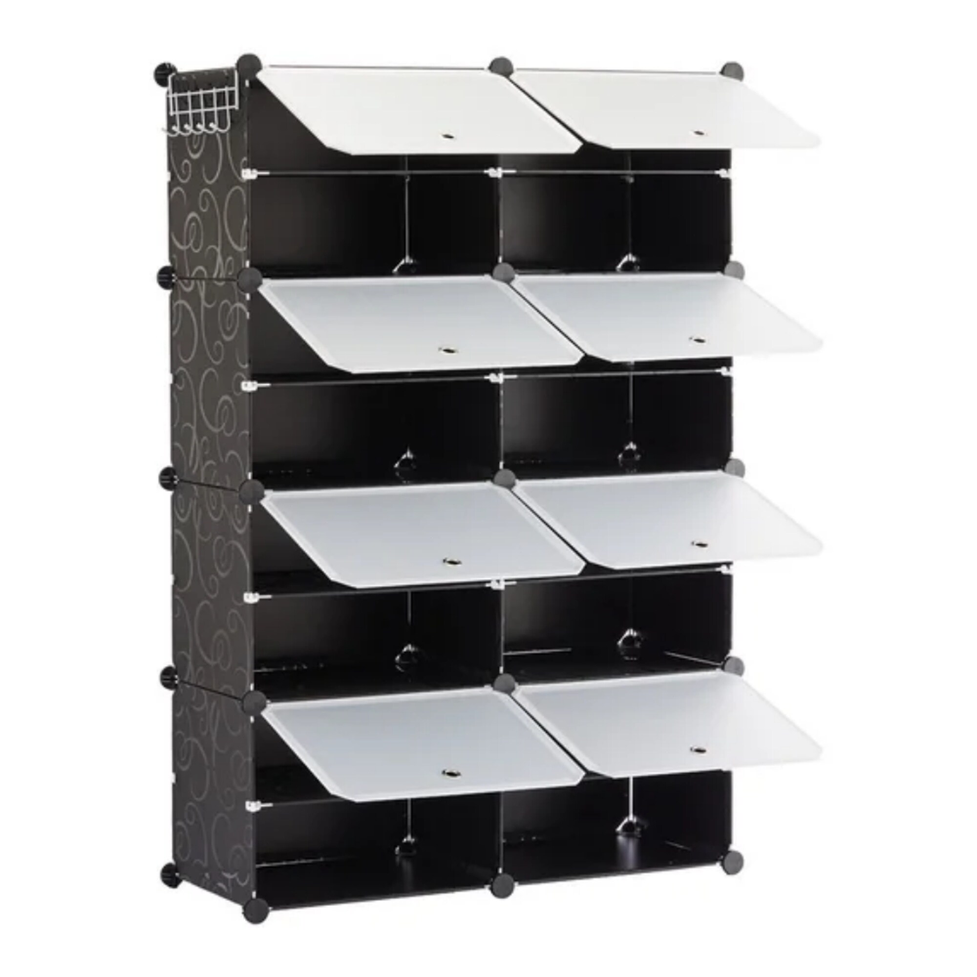Numhew 45cm W 25cm D 102cm H 4-Tier White and Black 32-Pair Shoe Rack with Side Hooks Plastic Panel Organizer Shelf