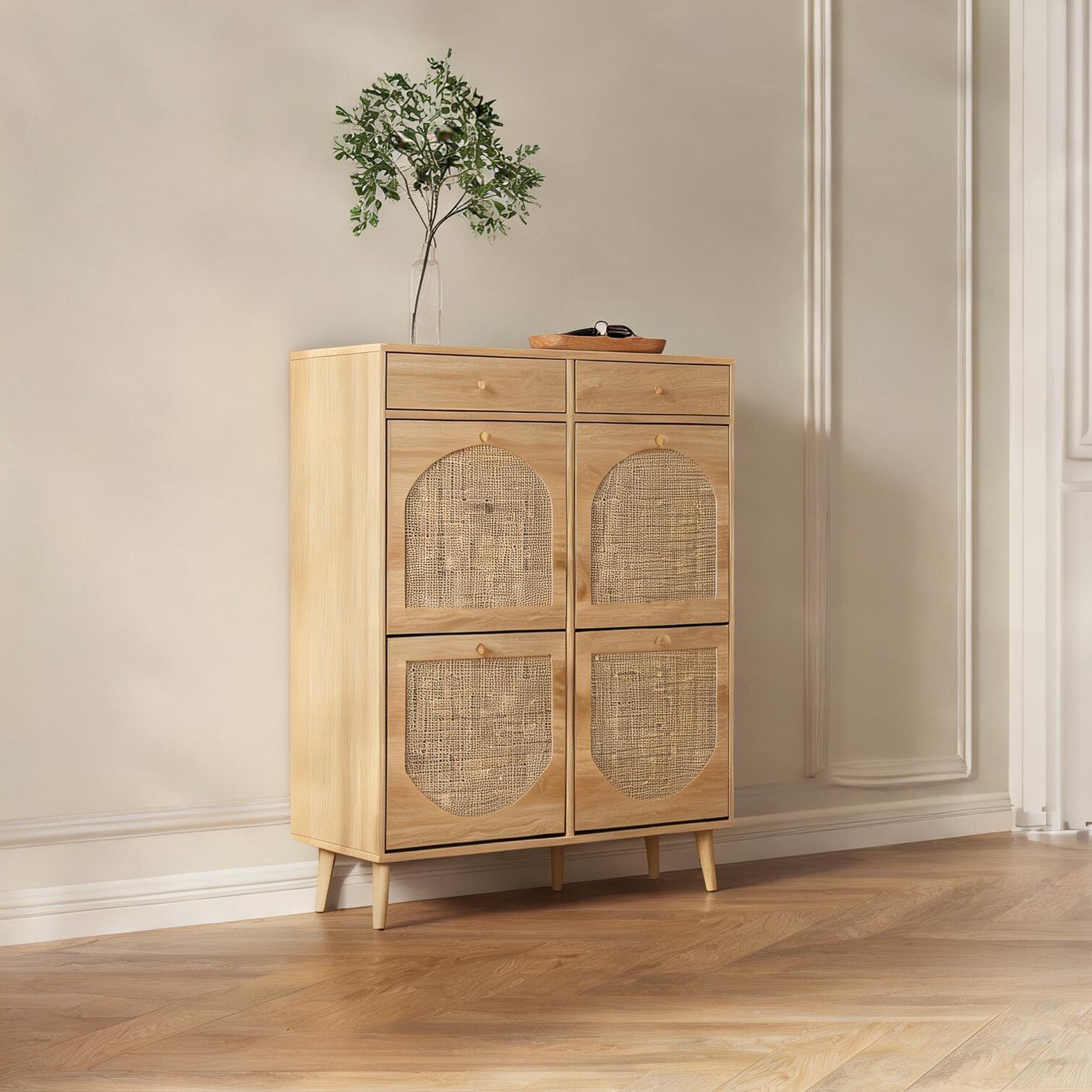 SunJet Natural Wood Rattan-Front Shoe Cabinet with Arched Lift-Open Doors and Dual Drawers 105x24x110 cm