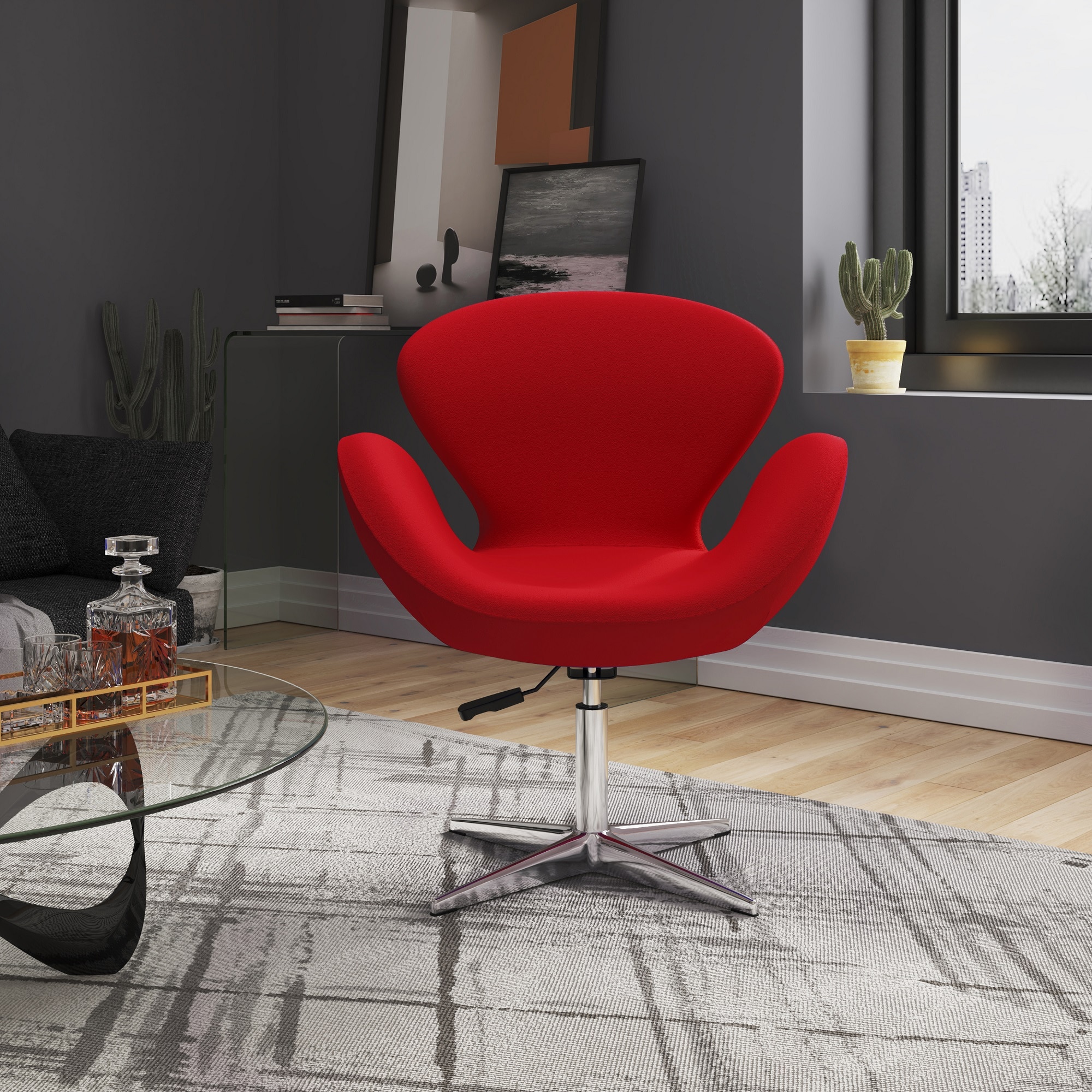 Manhattan Comfort 2-AC038-RD 2 Modern Red and Polished Chrome Wool Accent Chair
