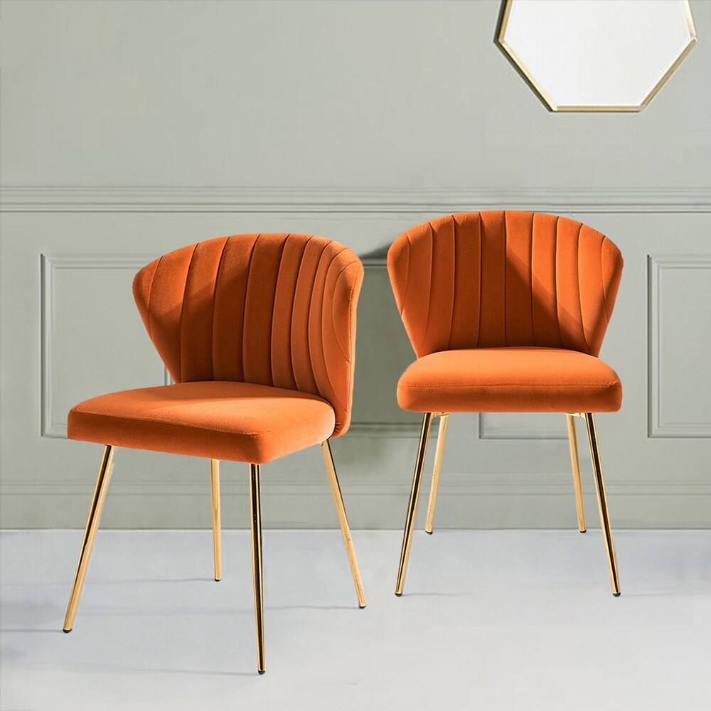 Velvet Upholstered Low Back Side Chair in Orange with Brass Legs, Set of 2
