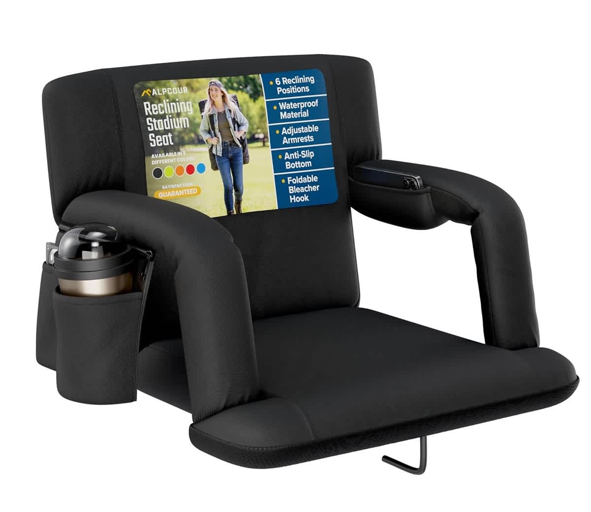 Alpcour  Portable Reclining 21-inch Wide Stadium Seat with Armrests Black