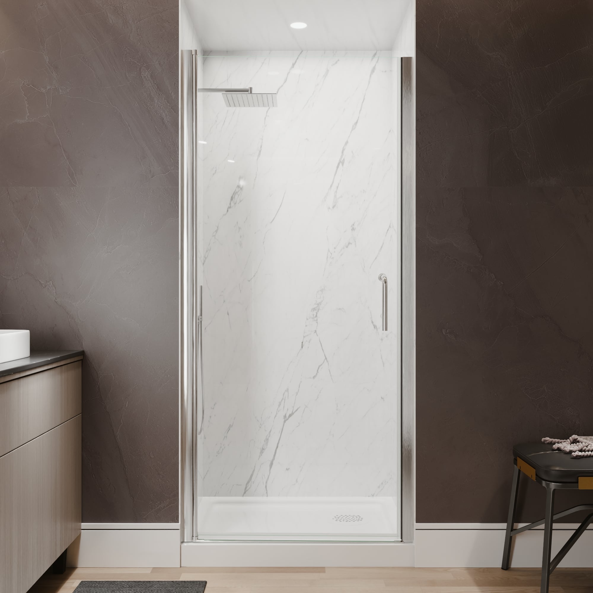 ANGELES HOME  Brushed Nickel 34-in to 36-in W x 72-in H Semi-Frameless Pivot Shower Door with 1/4-in Clear Tempered Glass