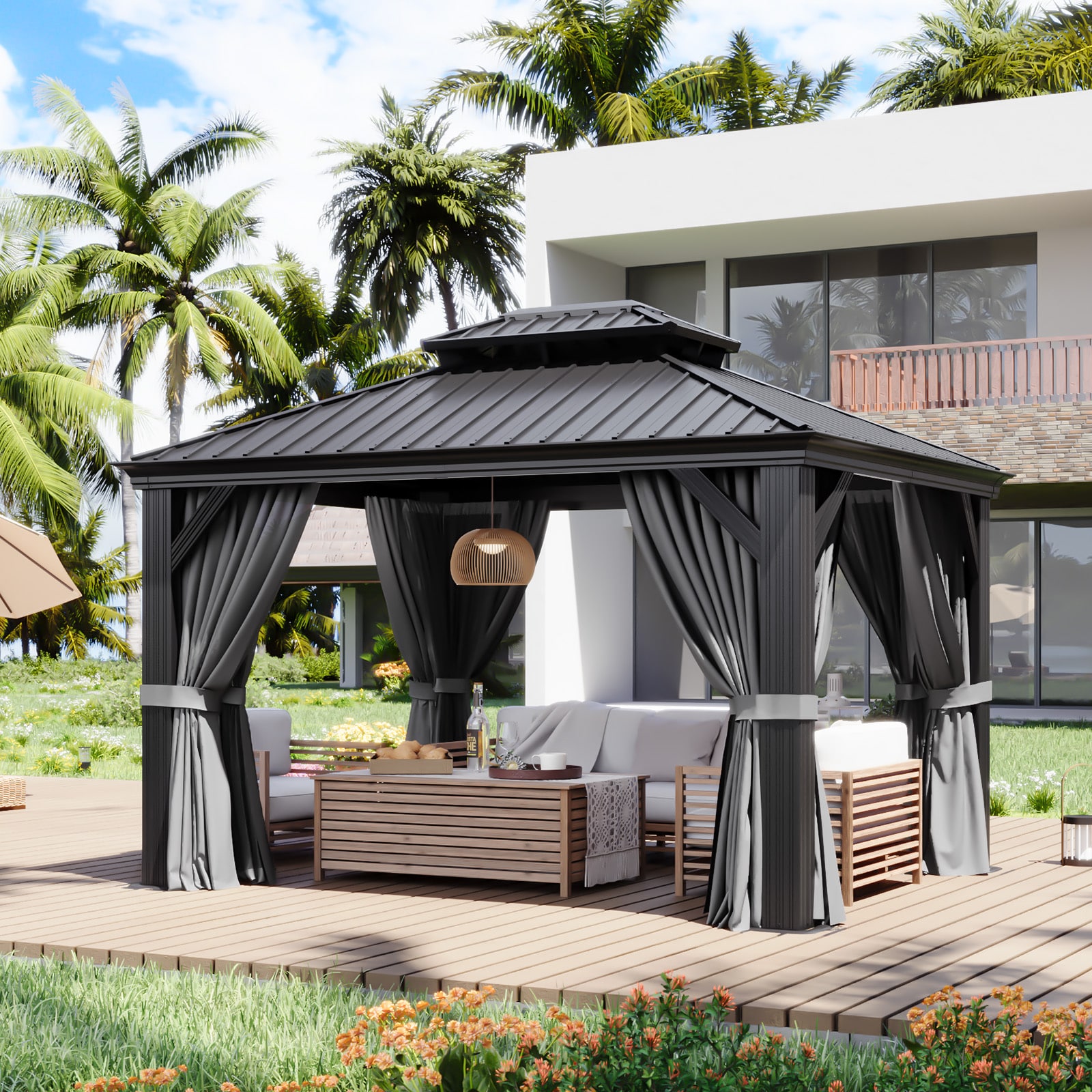 AOXUN AX-423G25 12-ft x 10-ft Outdoor Gazebos Black Gazebo with Hardtop Roof (Screen Included)
