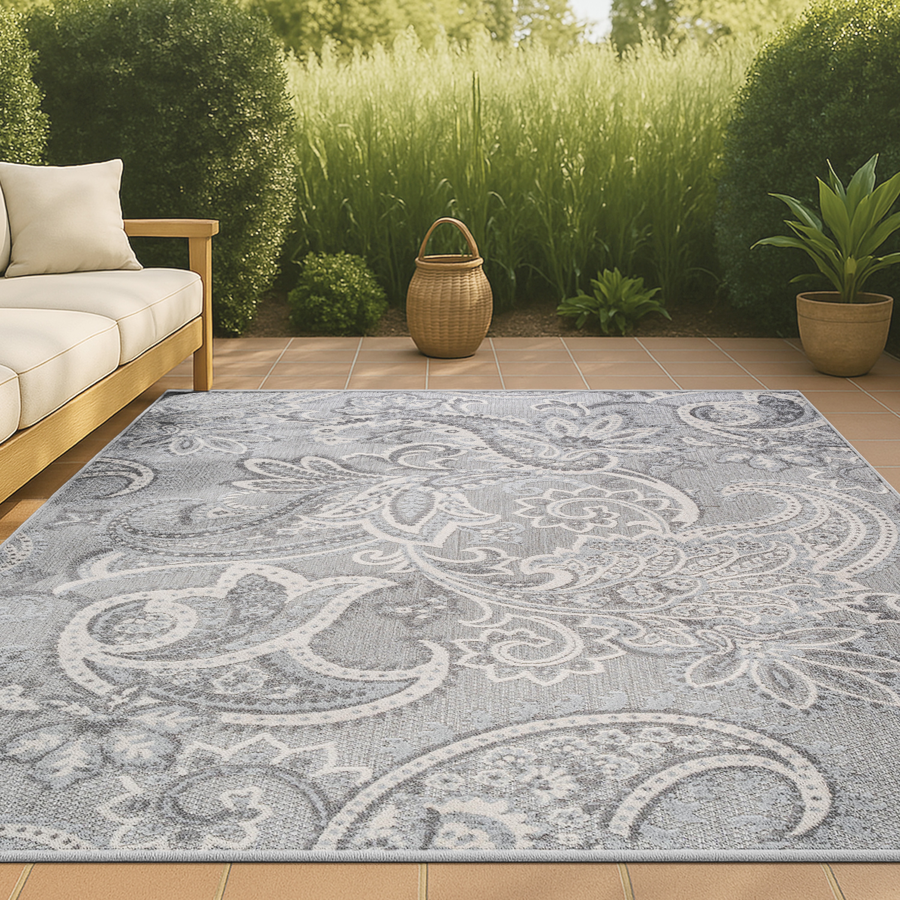 JONATHAN  Y AMC103A-4 Amalfi Coast Gordes Paisley High-Low 4 x 6 (ft) Loomed Polypropylene Light Gray/Ivory Rectangular Indoor/Outdoor Floral/Botanical Bohemian/Eclectic Area rug