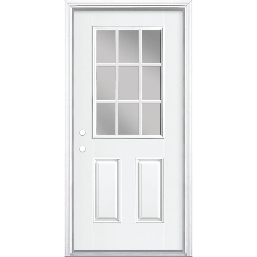 Masonite 36-in x 80-in Fiberglass Half Lite Right-Hand Inswing Modern White Painted Prehung Single Front Door with Brickmould Insulating Core -  1218748