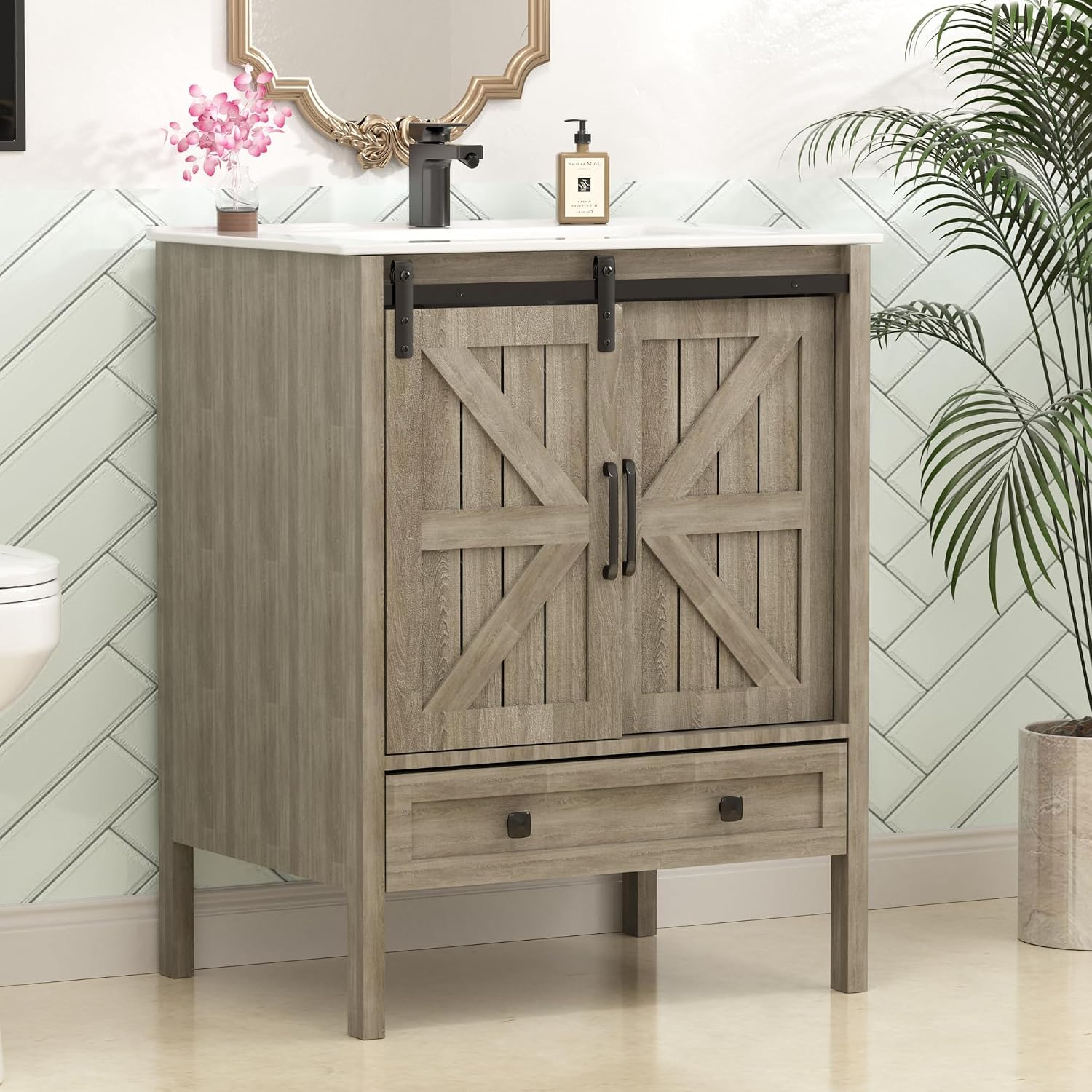 FINDEPOT 24-in Freestanding Farmhouse Bathroom Vanity with Ceramic Top (No Faucet) with Sliding Barn Door 1 Drawer