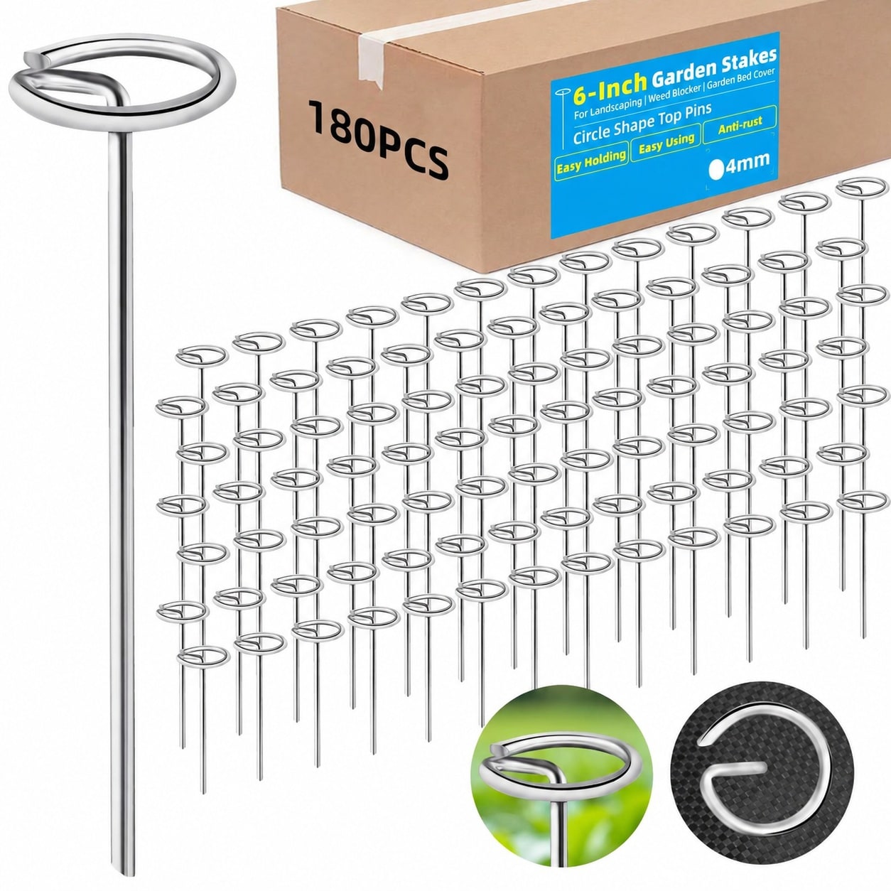 KIWDZFU  180 pcs 6 inch galvanized landscape fabric pins thick 8 gauge circle top stakes for weed barrier plant cover tent ground secure anti