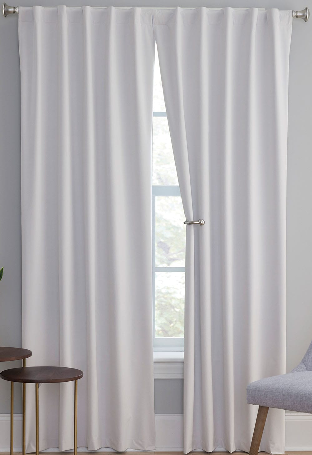 Style Selections X873.00184ZBG/2 84-in White Blackout Thermal lined Back tab/Pinch pleat/Rod pocket Curtain panel pair