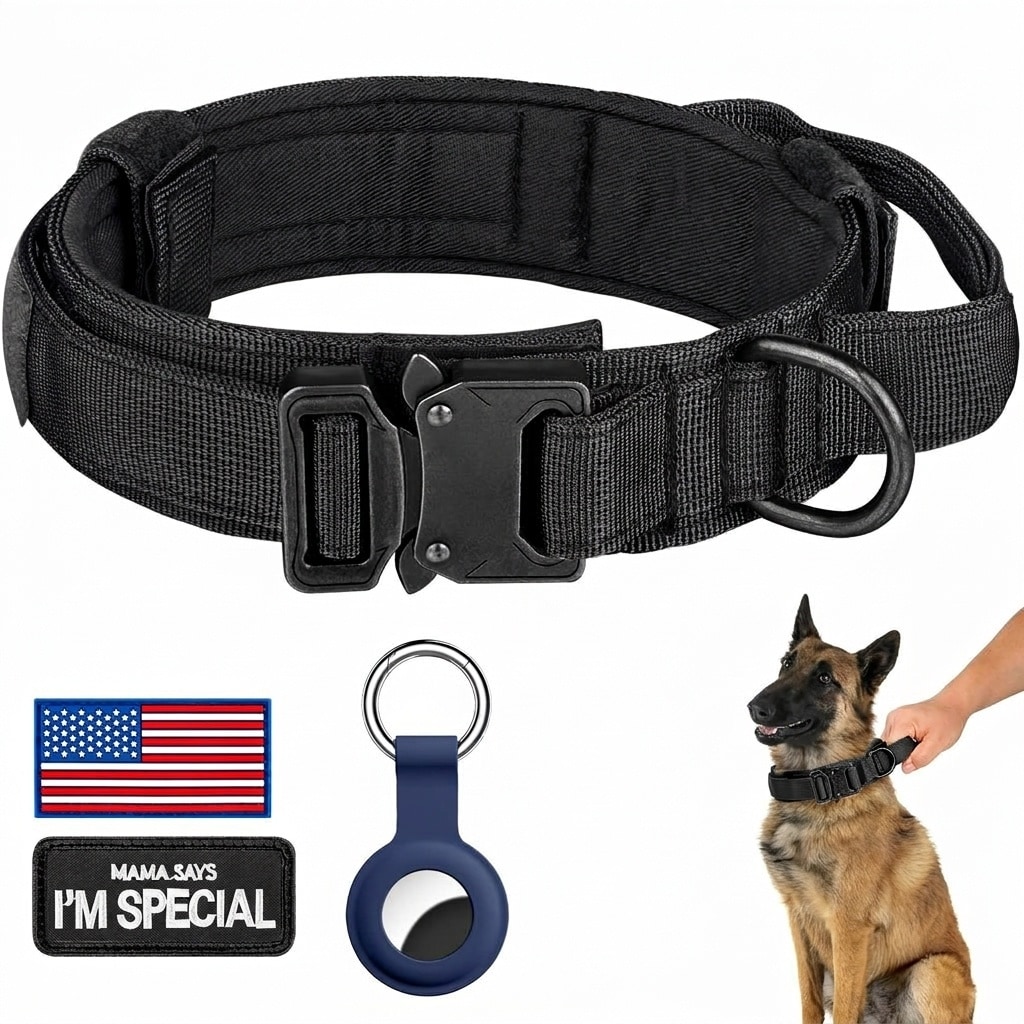 Anqtovp  Tactical Dog Collar Adjustable Nylon with Control Handle Heavy Metal Buckle for Medium Large Dogs Includes Patches and Airtags Case Black