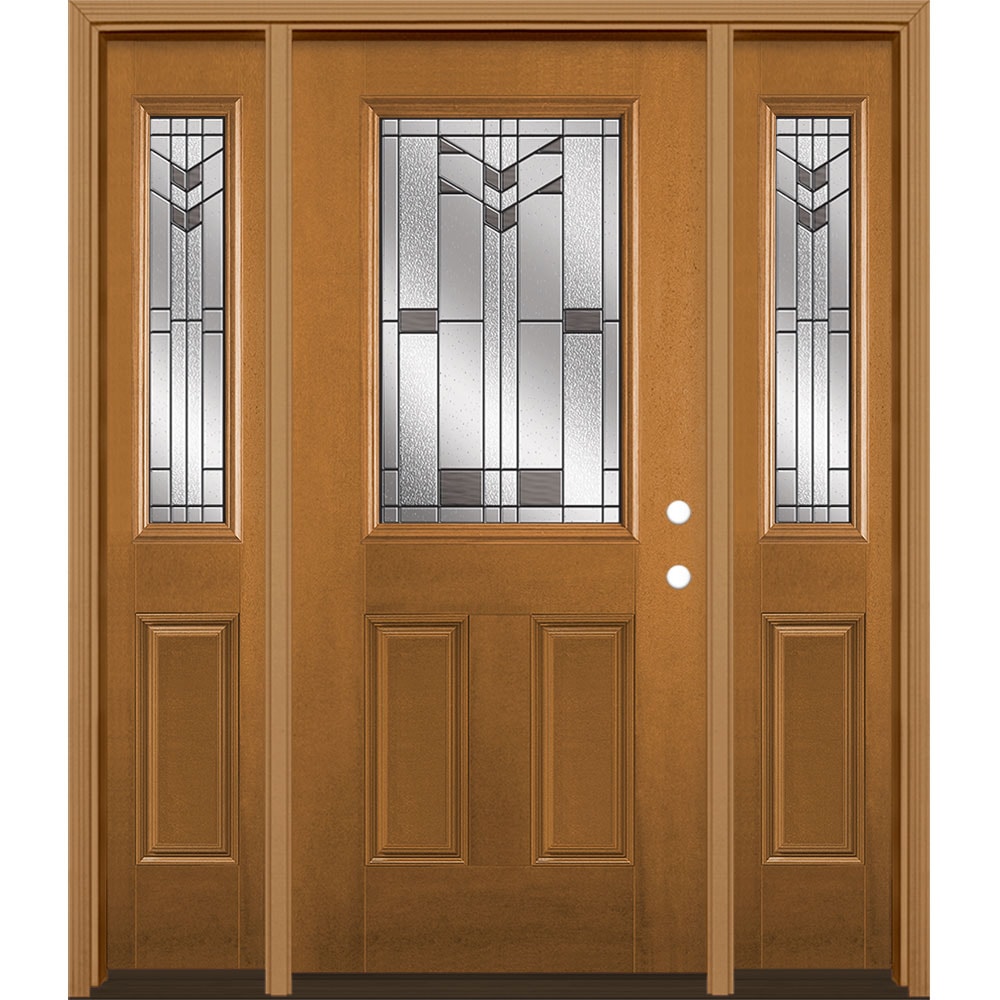 Masonite 3420273 Frontier 64-in x 80-in x 4-9/16-in Fiberglass Half lite Left-hand inswing Oakcrest Stained Prehung Front Door with Sidelights with Brickmould Insulating core