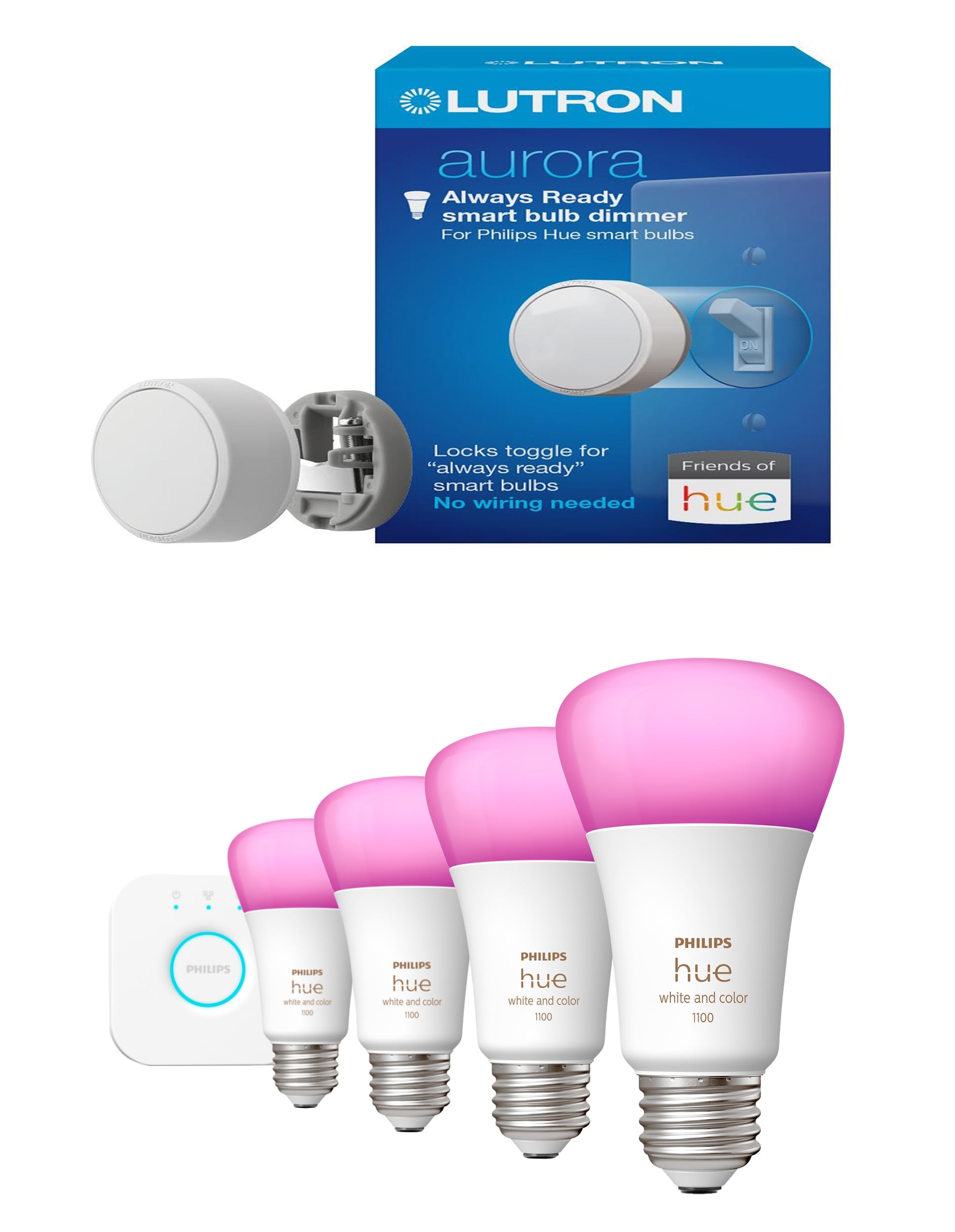 Philips Hue Dimmable Smart LED Light Bulb (4-Pack) & Lutron Aurora Light Dimmer Switch, White