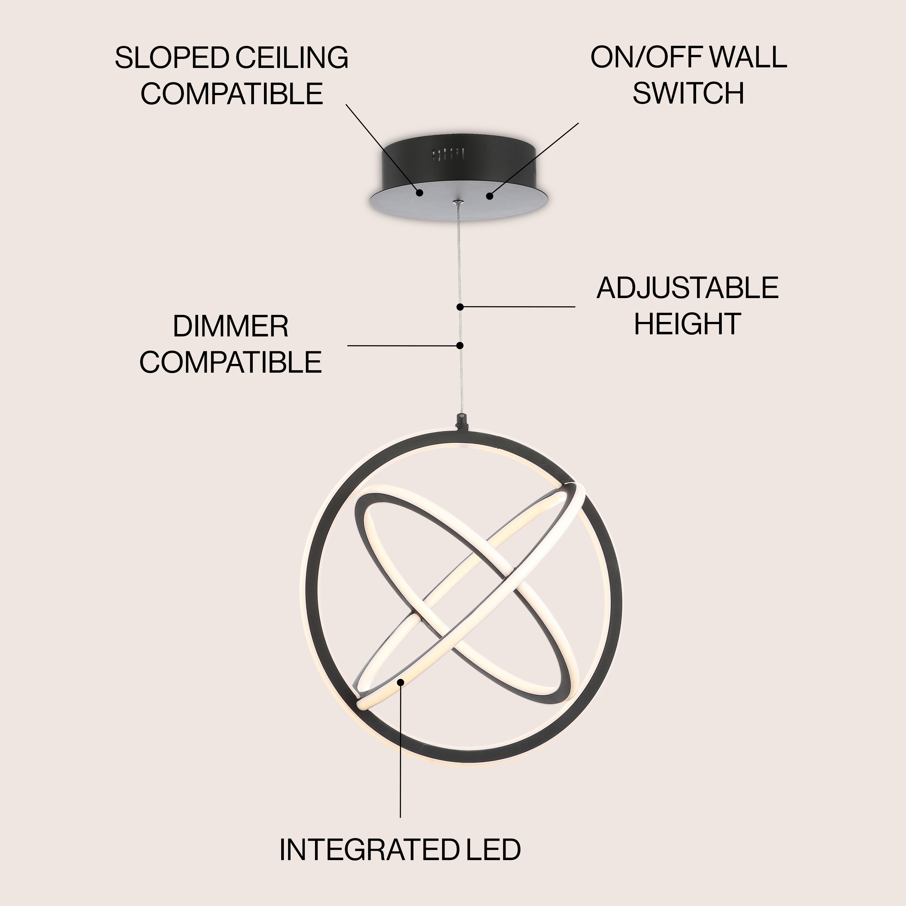 Orbit 16.5" Black Adjustable Integrated LED Metal Globe Pendant
