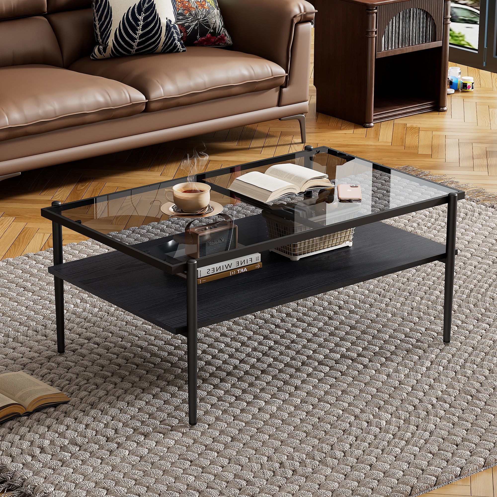 Tatayosi JL-139565 Gray Tempered Glass Top Black Legs Rectangle Coffee Table Modern Living Room Table