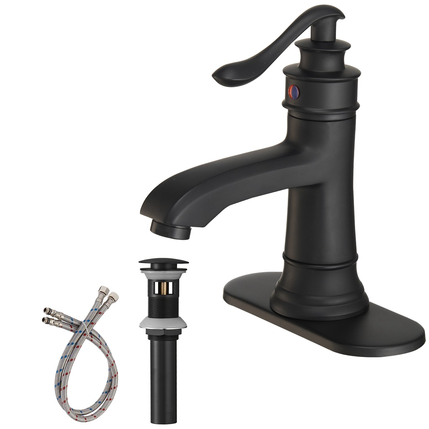BWE A-96576-BLACK Matte Black Single hole 1-handle WaterSense Low-arc Commercial/Residential Handle Bathroom Sink Faucet with Drain with Deck Plate