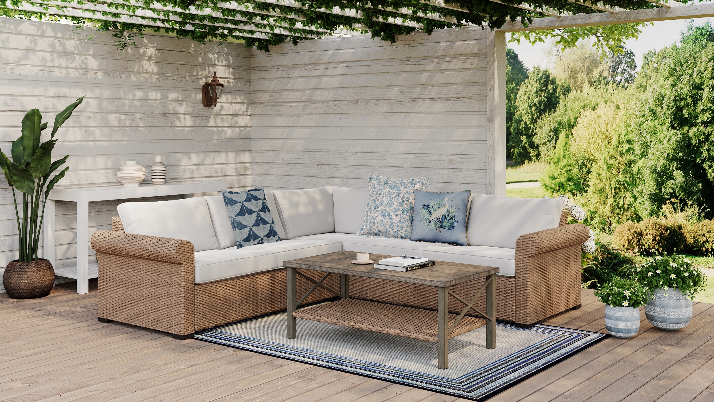 allen + roth Emerald Cove Wicker Outdoor Sectional with Cream Cushion(S) and Steel Frame