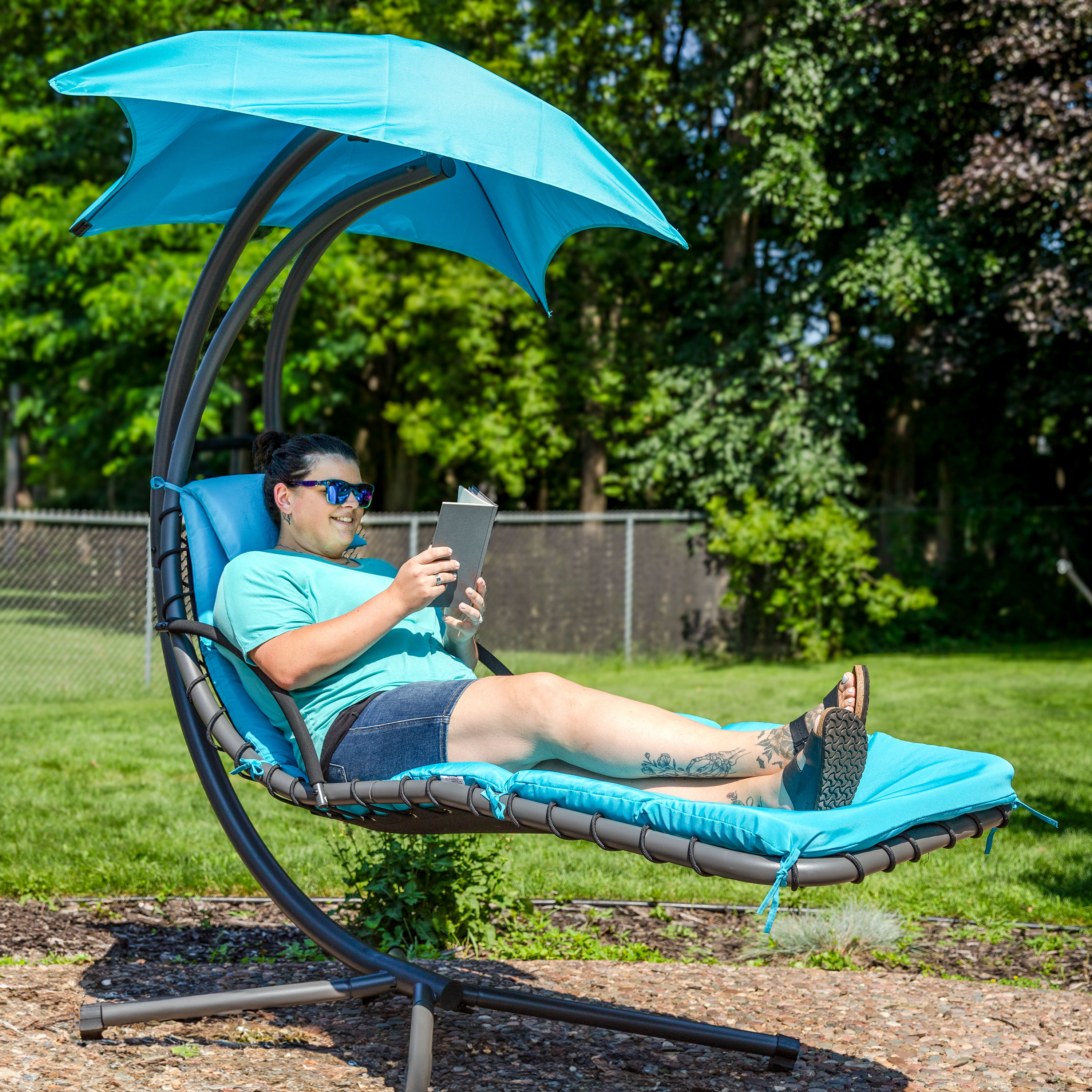 Teal Floating Chaise Lounge Chair with Canopy and Cushions