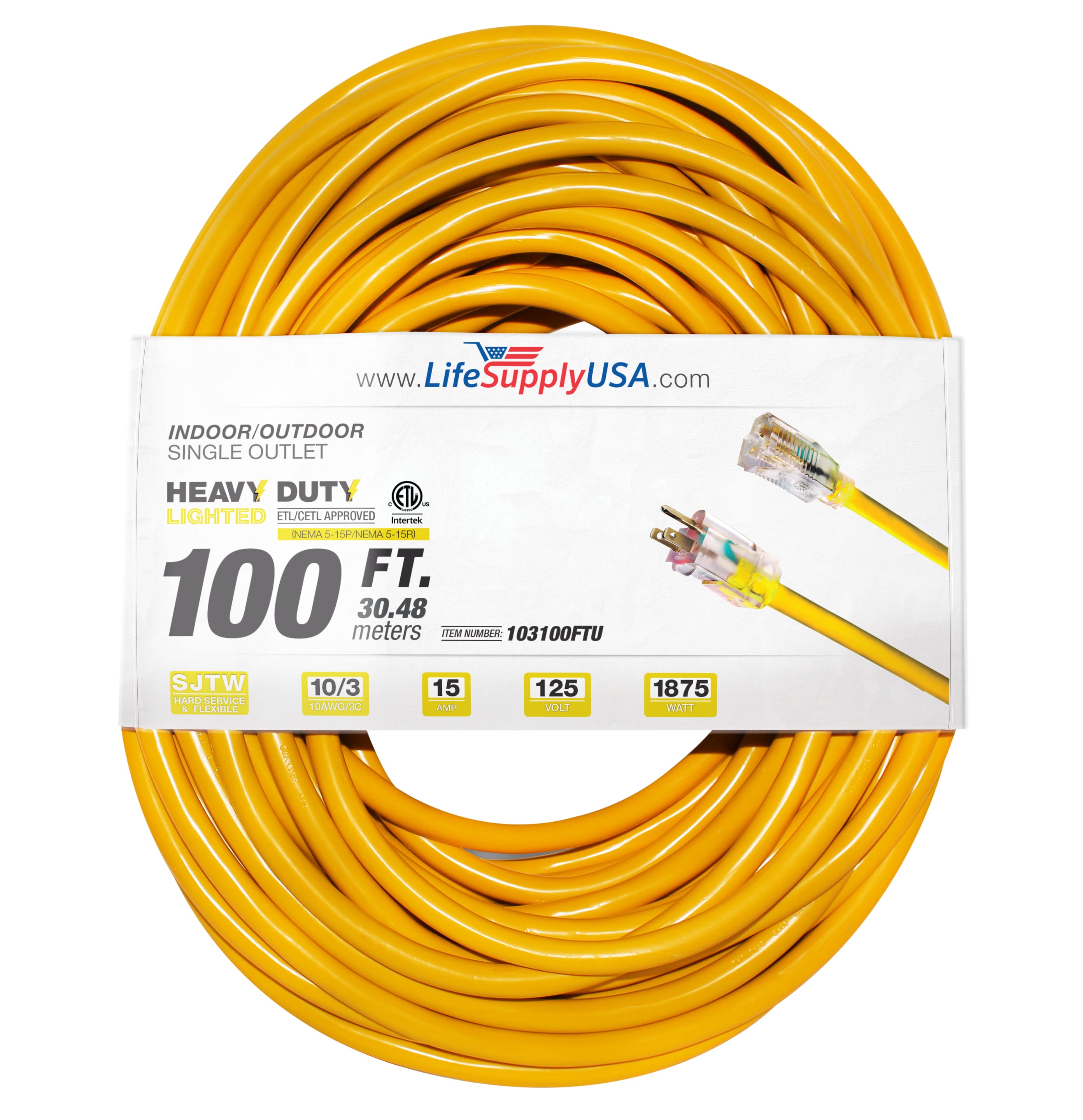 LifeSupplyUSA 103100FTU 100-ft 10 / 3 3 Prong Yellow Indoor/Outdoor SJTW Heavy duty Lighted extension cord