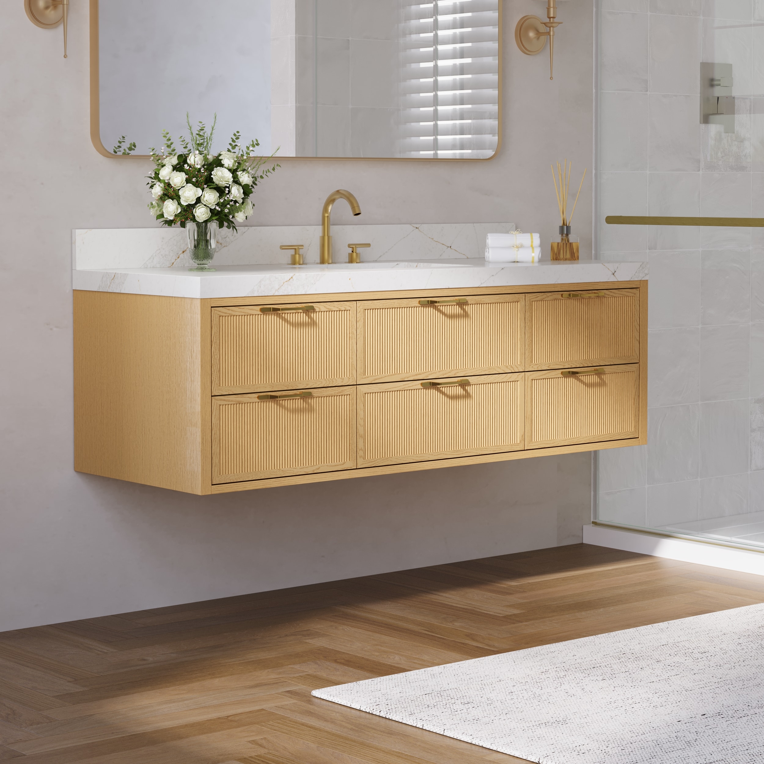 Forclover Fluted 60-in Oak Undermount Single Sink Bathroom Vanity with White Quartz Top (Fully Assembled)