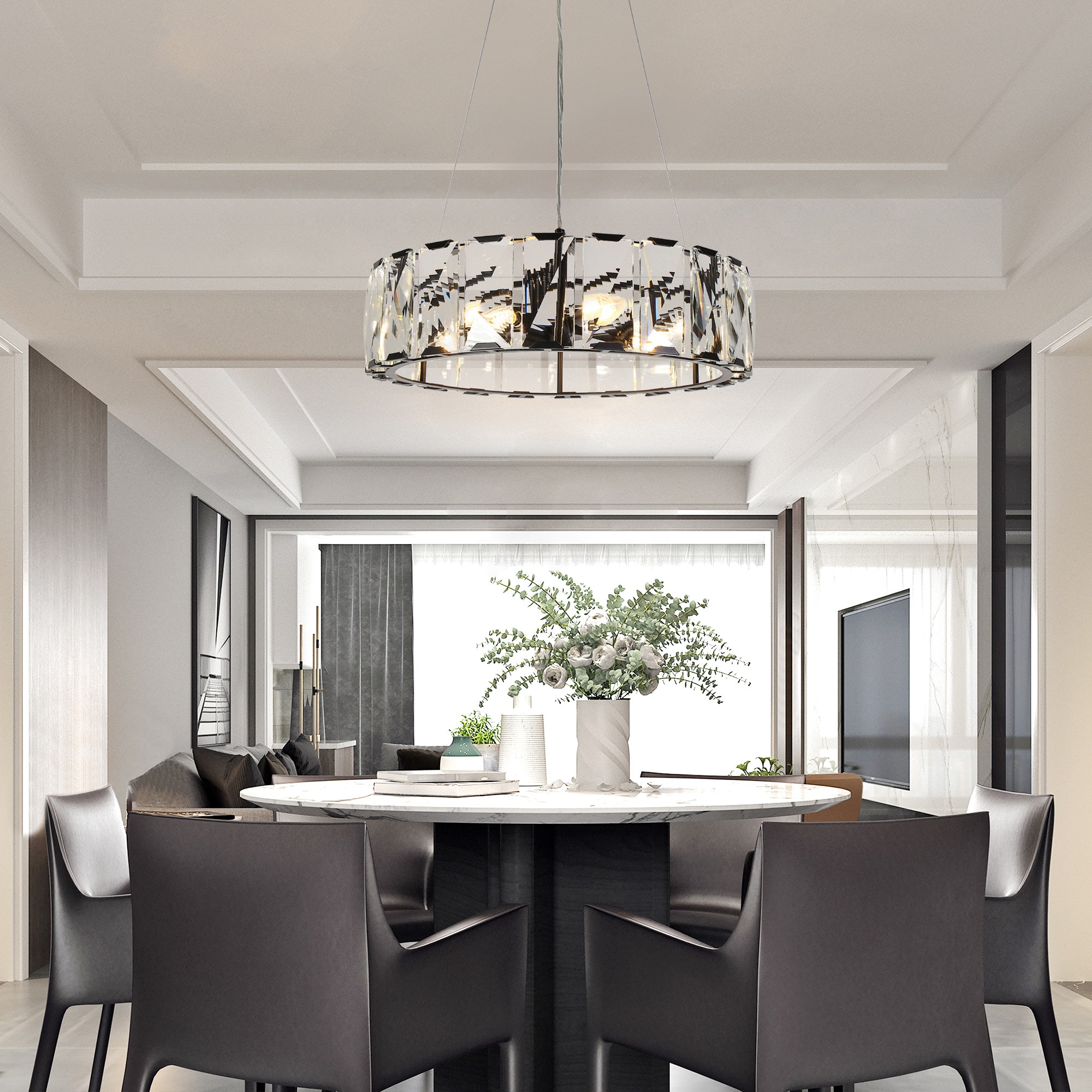 Modern Black Crystal 6-Light Drum Chandelier with Clear Crystals