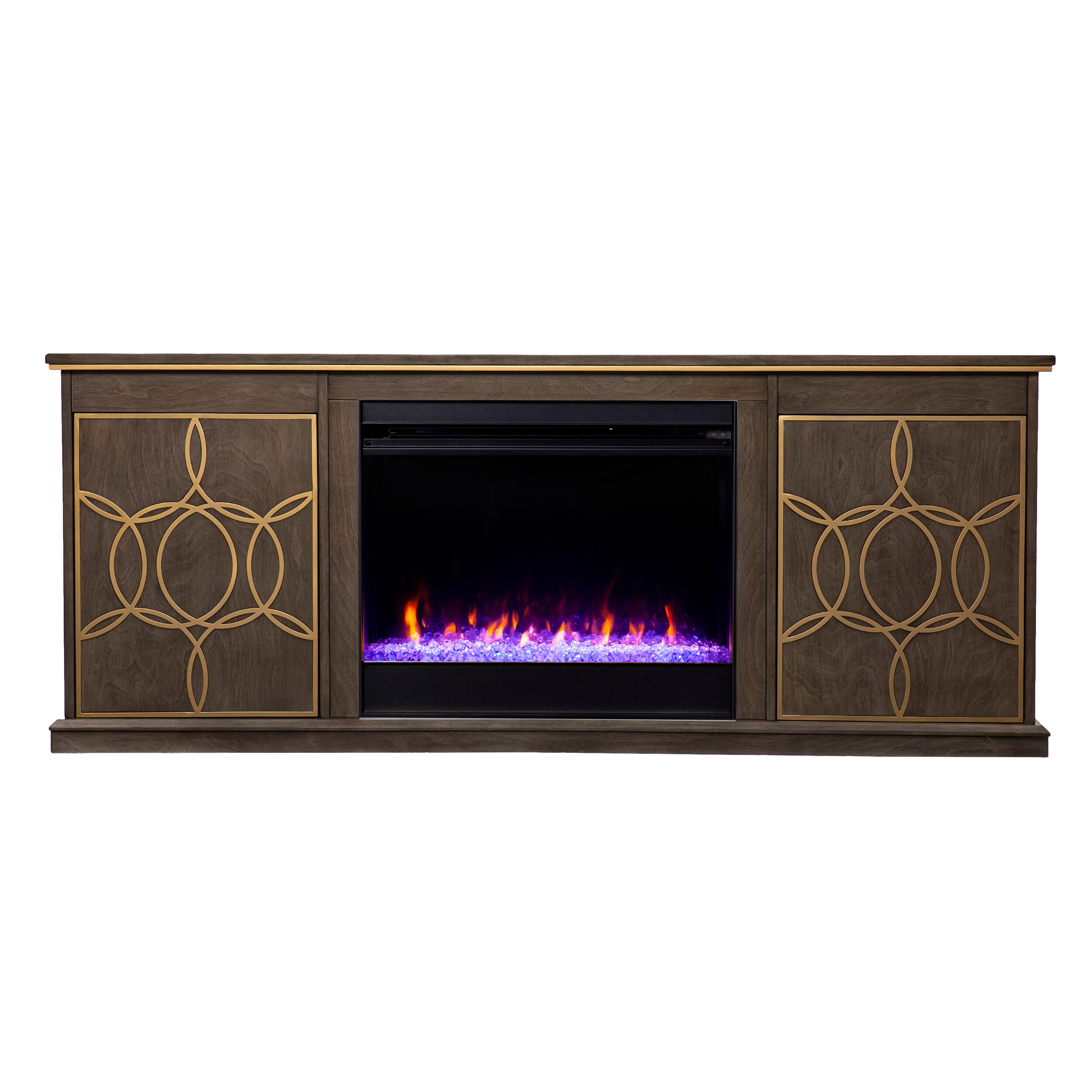 Southern Enterprises FC1137356 60.75-Inches W Brown, Gold TV Stand with Fan-forced Flat wall Electric Fireplace with Remote Control Included