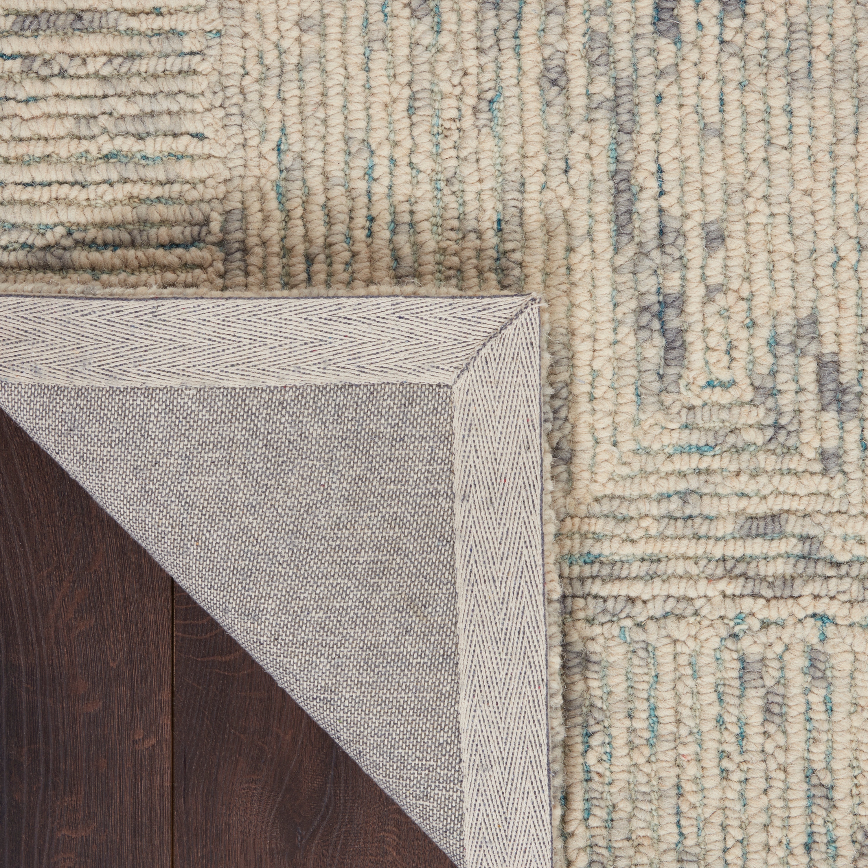 Handmade Ivory, Grey, and Teal Wool Area Rug 5' x 7'