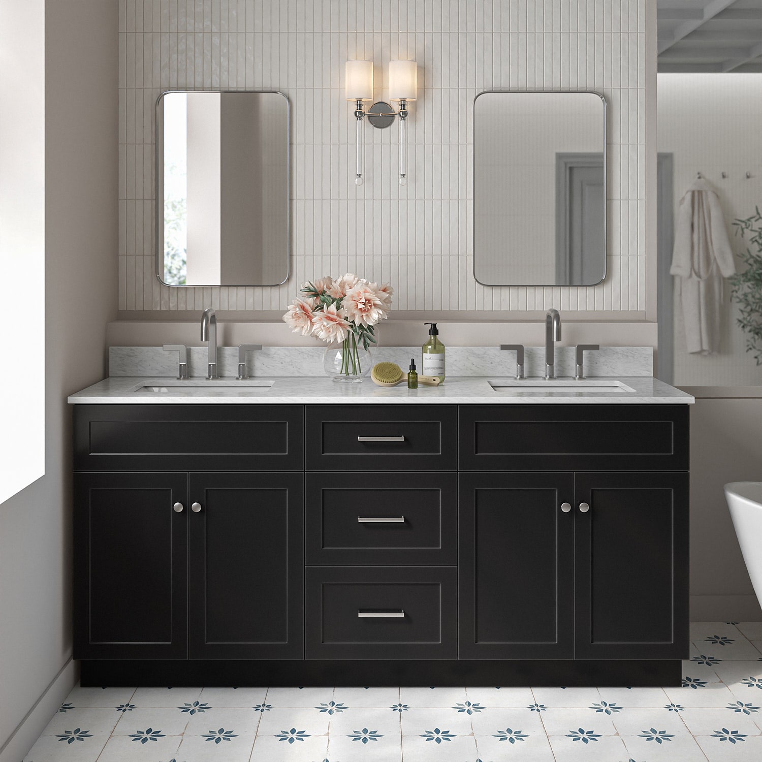 ARIEL F073DCW2RVOBLK Hamlet 73-in Black Undermount Double sink Bathroom Vanity with 0.75" Carrara White Marble Natural marble Top