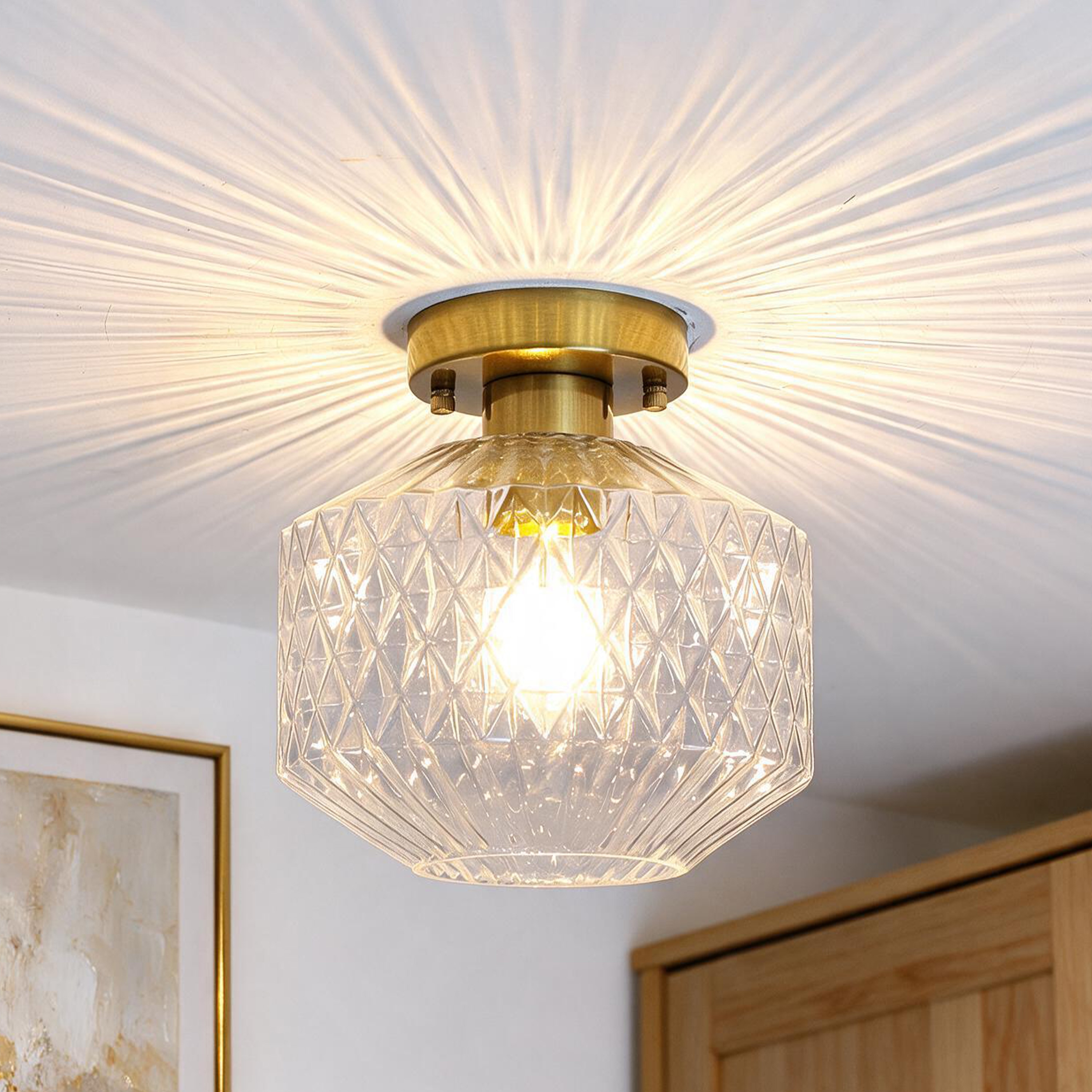 GZJunYo 1-Light 7-in Gold Modern Semi-Flush Mount Light with Textured Glass