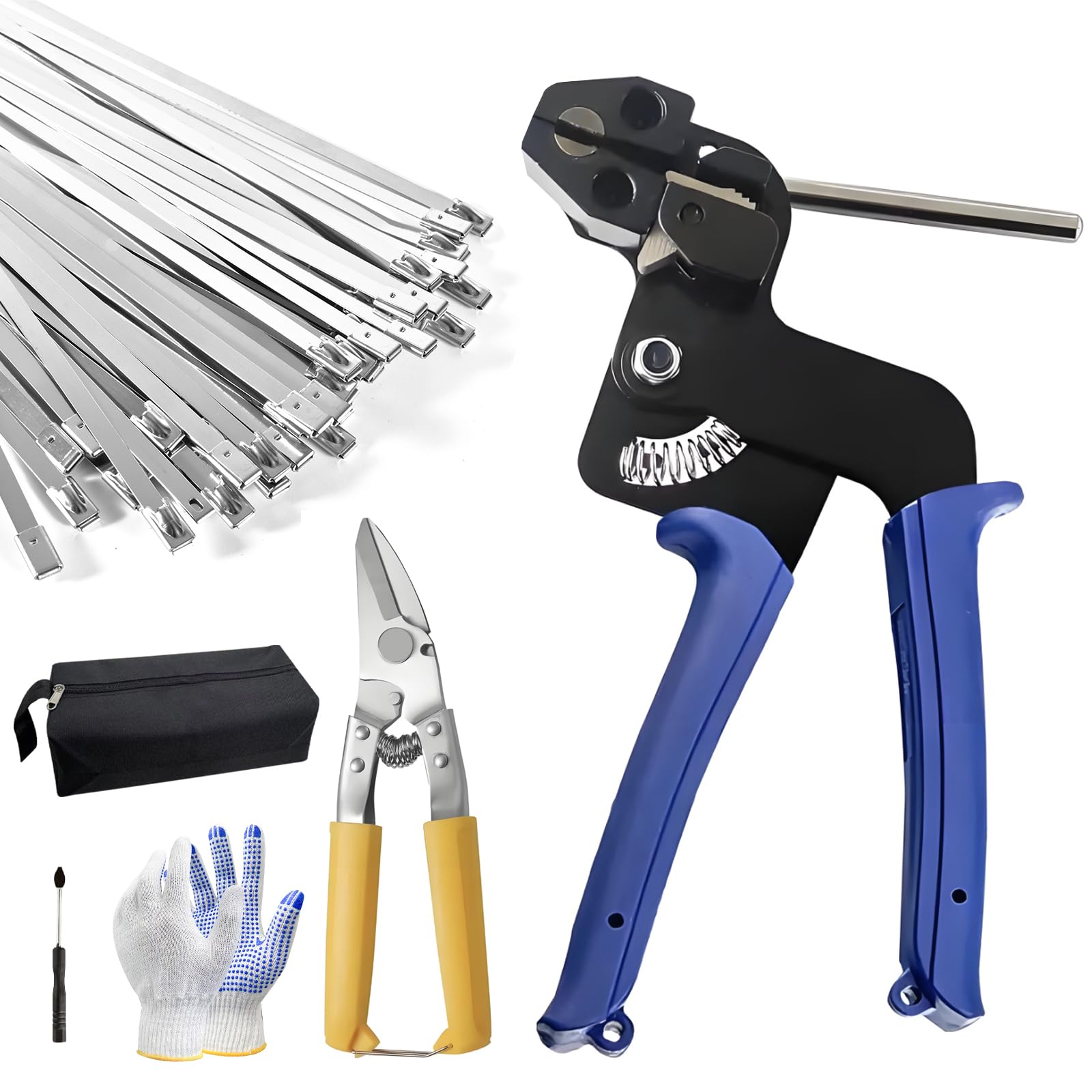 Angel Sar 11.8in L 100-Piece Stainless Steel Adjustable Blue Cable Tie Tool Set Heavy Duty Stainless Steel Zip Tie Gun Kit #L2MJA425CZTT17