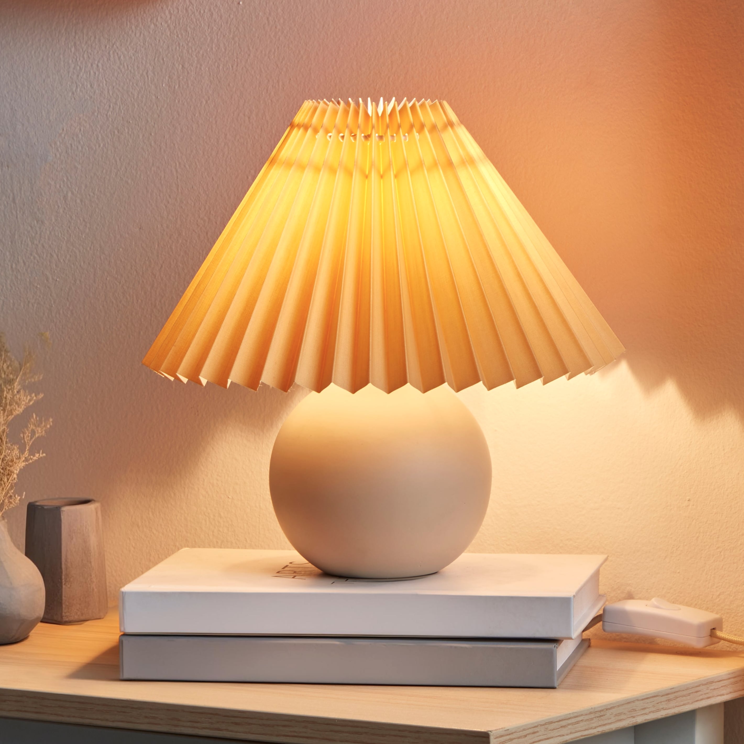 Serena Beige Ceramic Globe Table Lamp with Pleated Shade