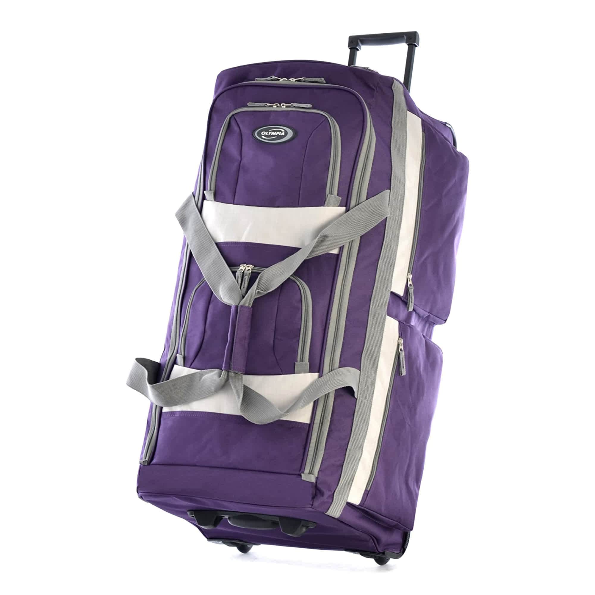 OLYMPIA 298358 8 Pocket Large Rolling Duffle Bag Garment Duffle Bag Checked Luggage on Wheels with 29 Inch Push Button Retractable Handle Dark Lavender