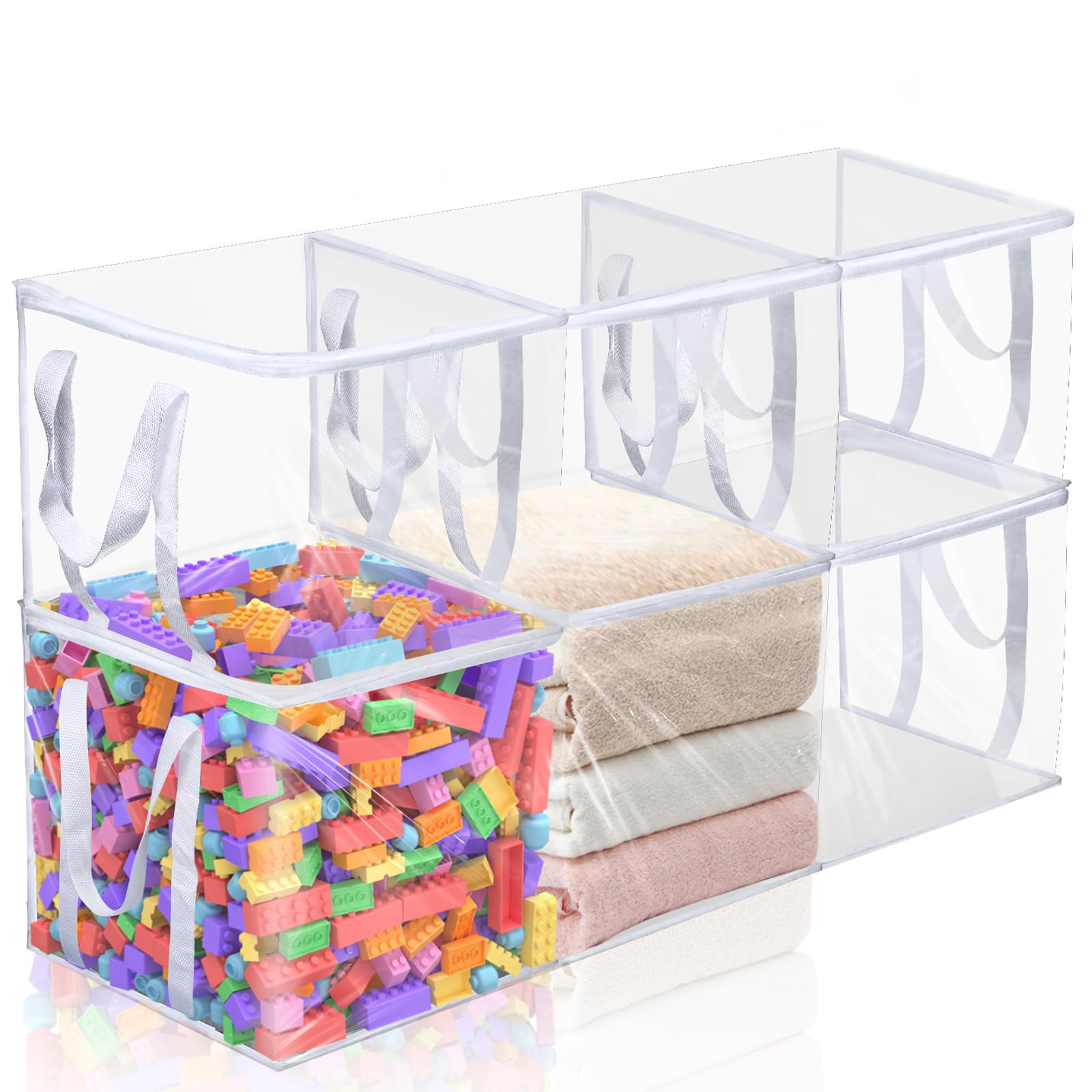 KIWDZFU  6 pcs clear plastic storage organizers with zipper and reinforced handles 12 x 12 x 12 inch for blankets clothes linens shoes toys closet