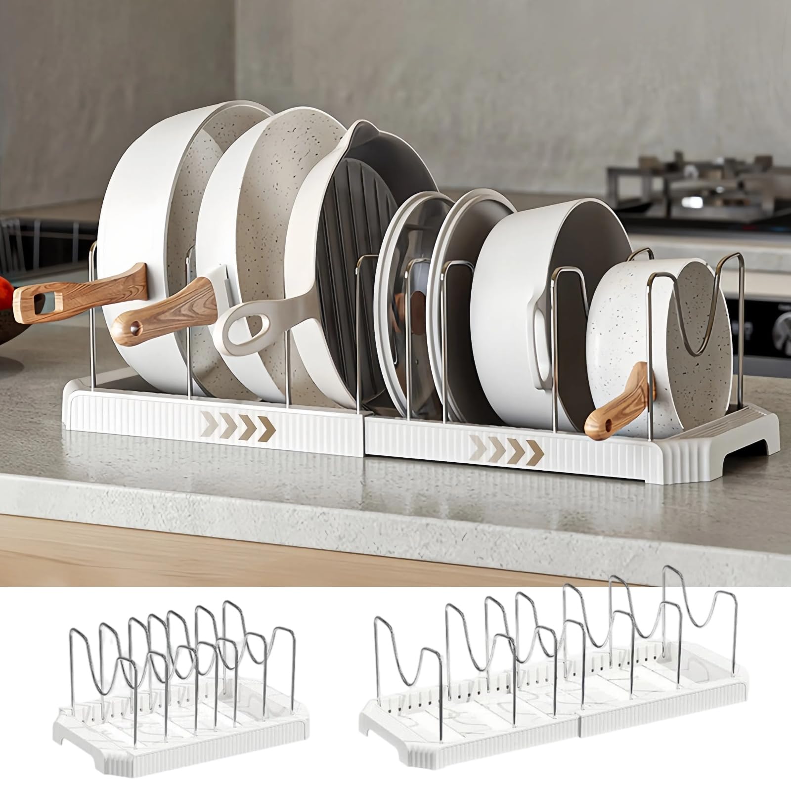 Misopily  Expandable Pot and Pan Organizer Rack Adjustable 7 Divider Lid Holder Fits 12.99 to 22.04 Inch Cabinet Under Sink 1 Piece White