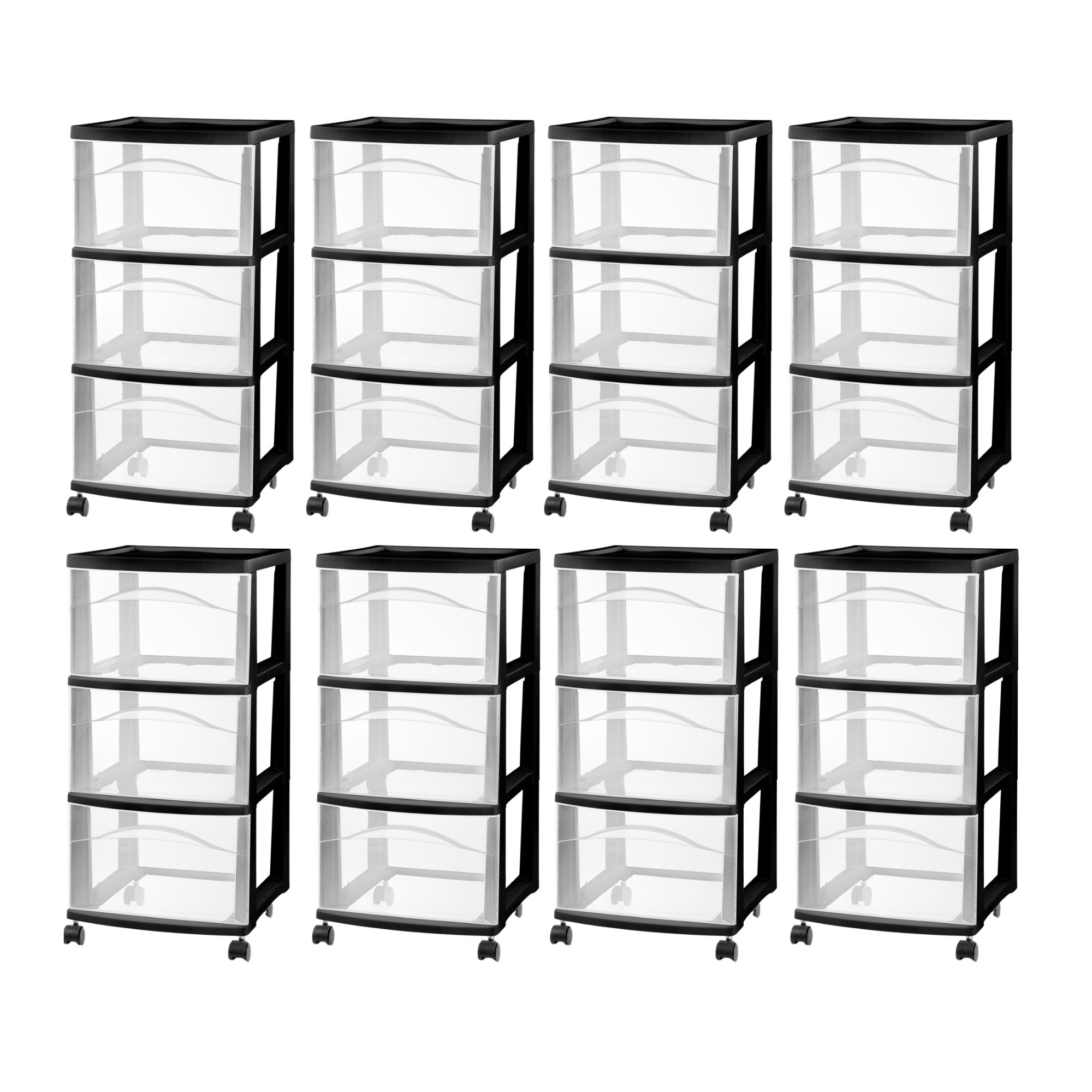 Sterilite  3 Drawer Storage Cart Plastic Rolling Medium Organizer Black 8 Pack