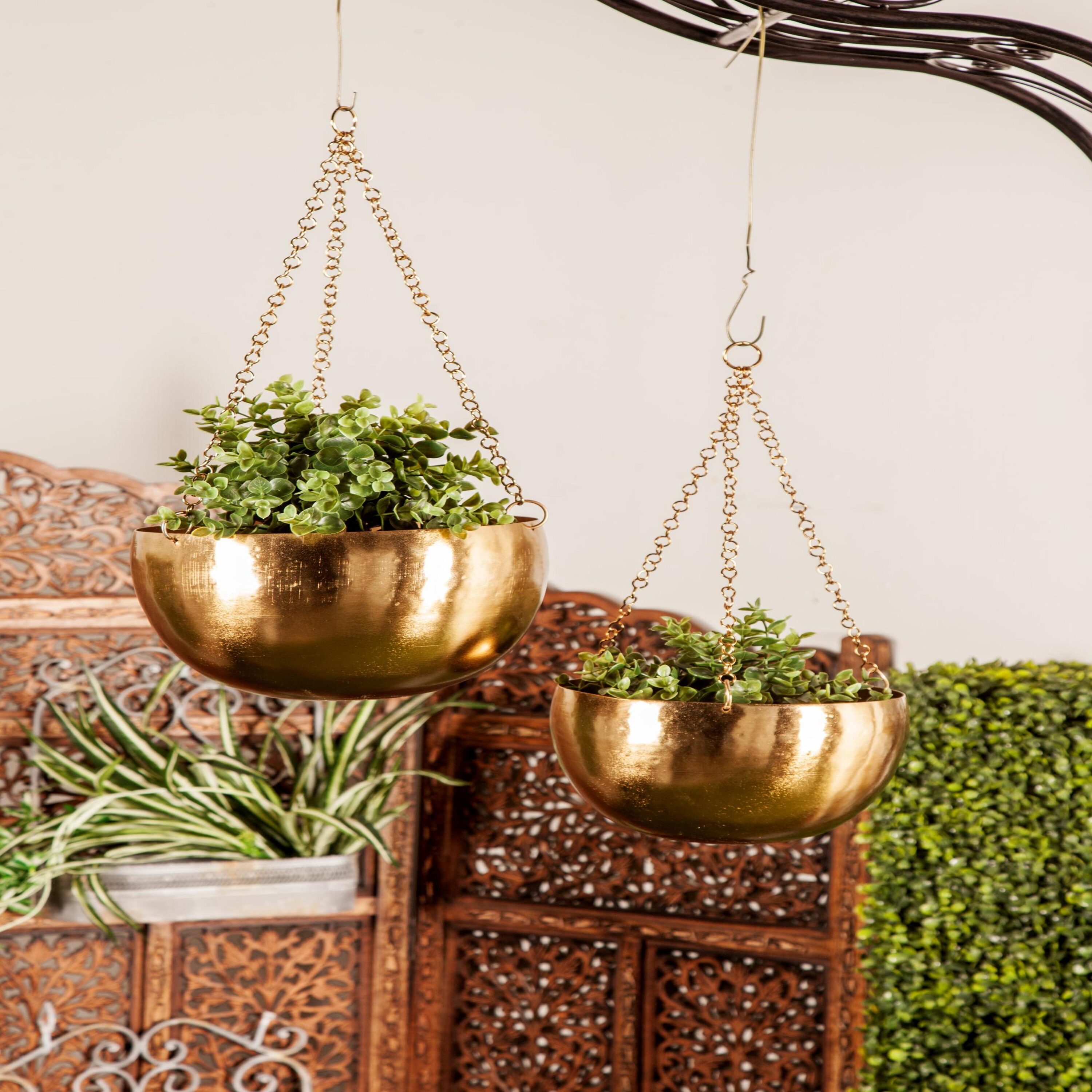 Set of 2 Gold Metal Hanging Planters with Chains