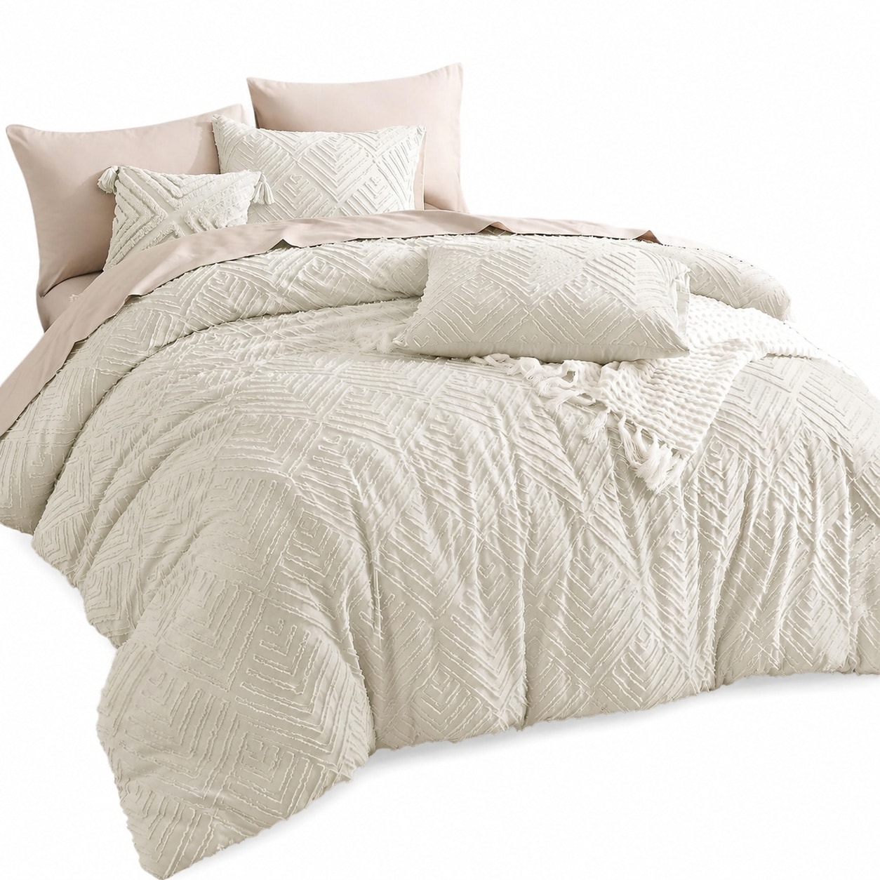 Etokfoks  Beige Tufted Queen Comforter Set Soft Microfiber Bedding with 2 Pillowcases Lightweight All Season