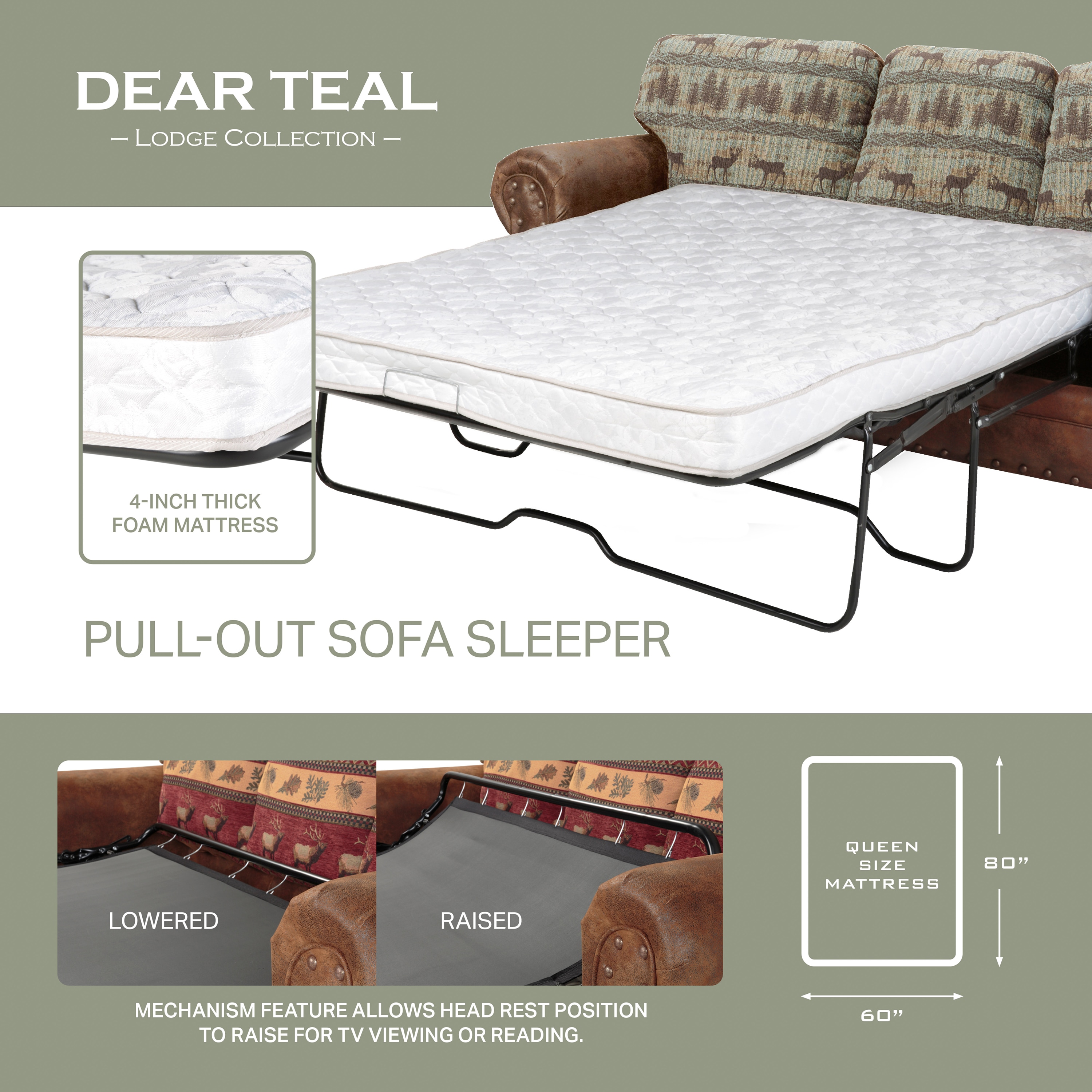 Deer Teal 4-Piece Rustic Sleeper Sofa Set with Oak Frame