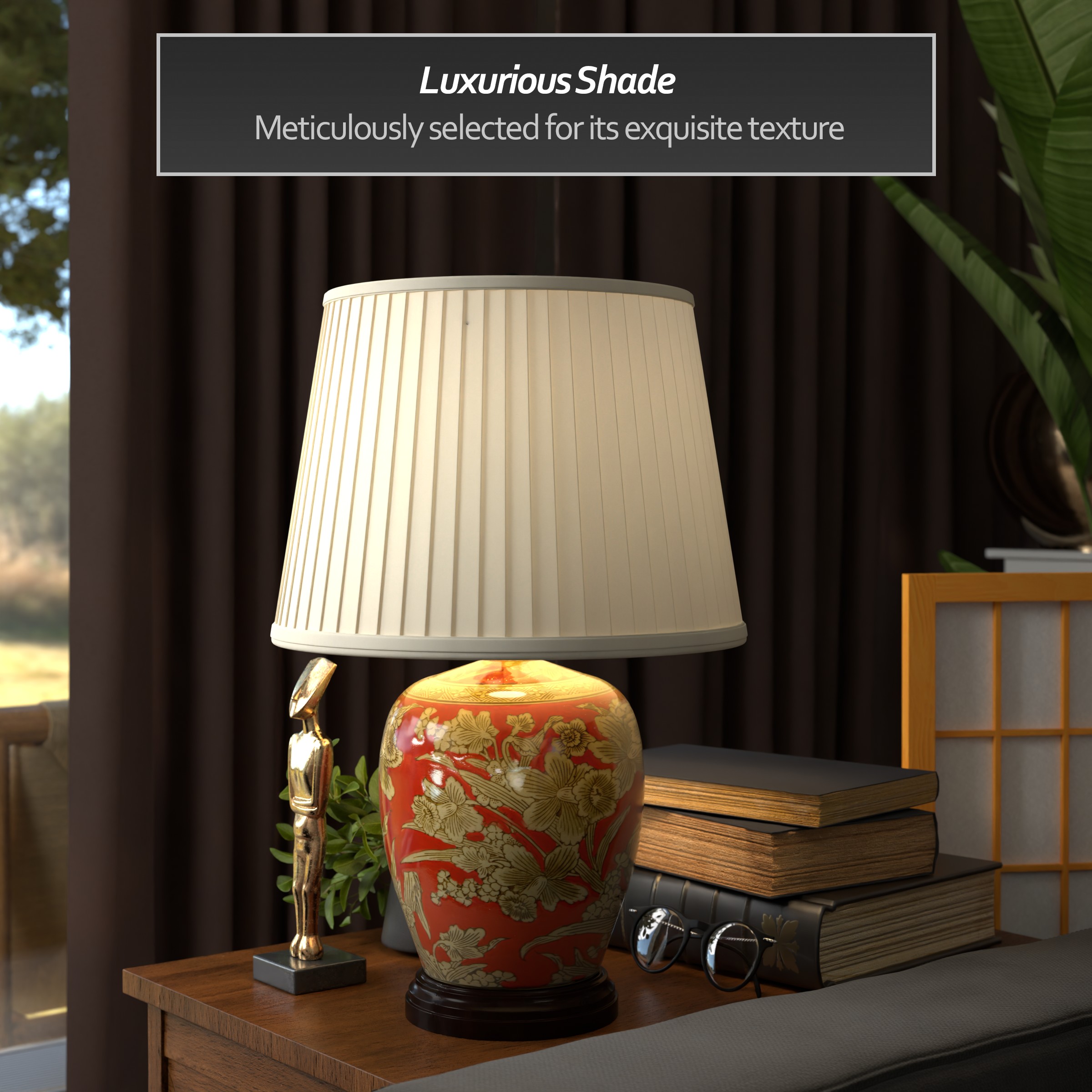 Red Porcelain Floral Jar Lamp with Off-White Shade