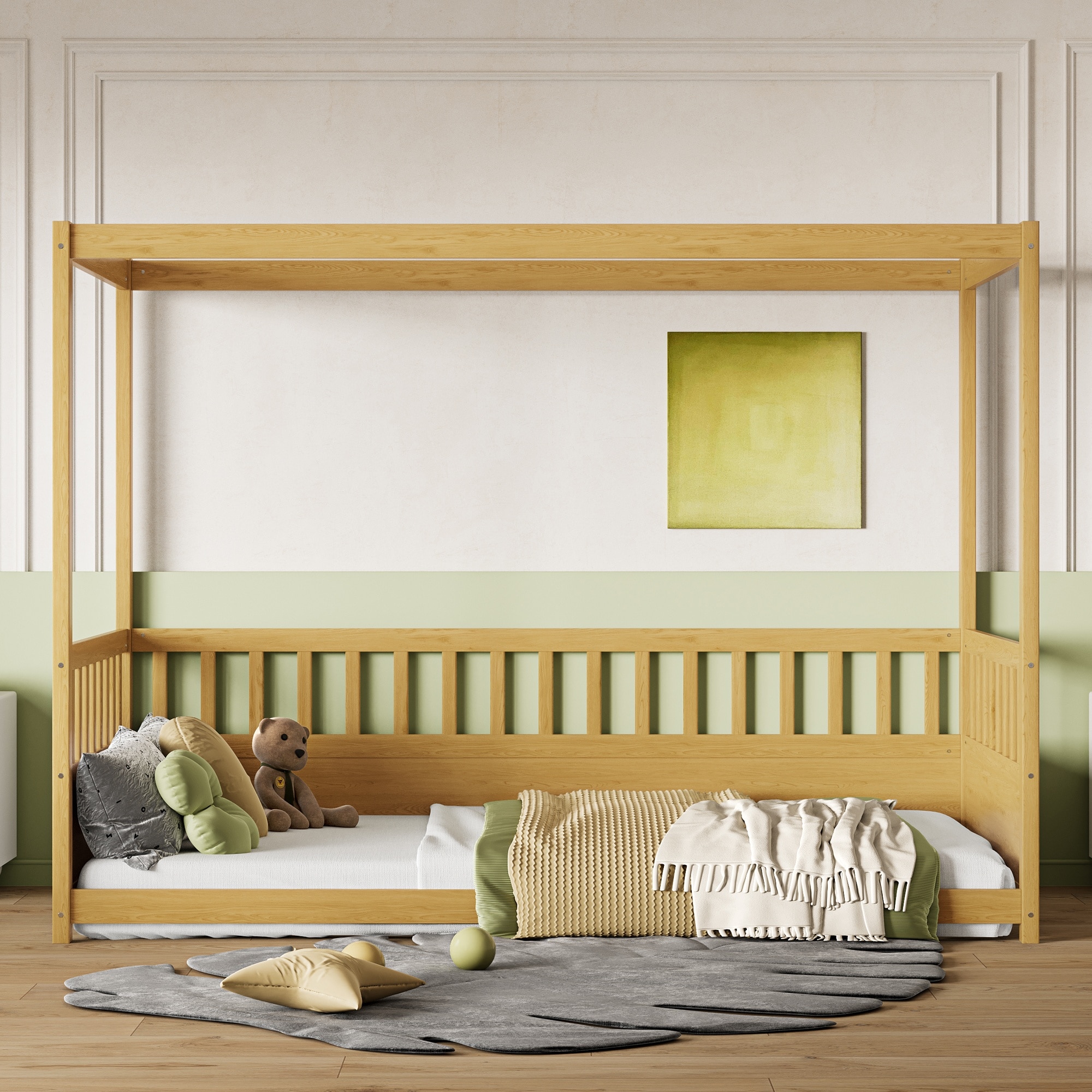 HyperDrop Cart Natural Twin Size Kids Montessori Floor Canopy Bed Frame with Guardrails/ Four Poster Design/ Ideal for Boys and Girls