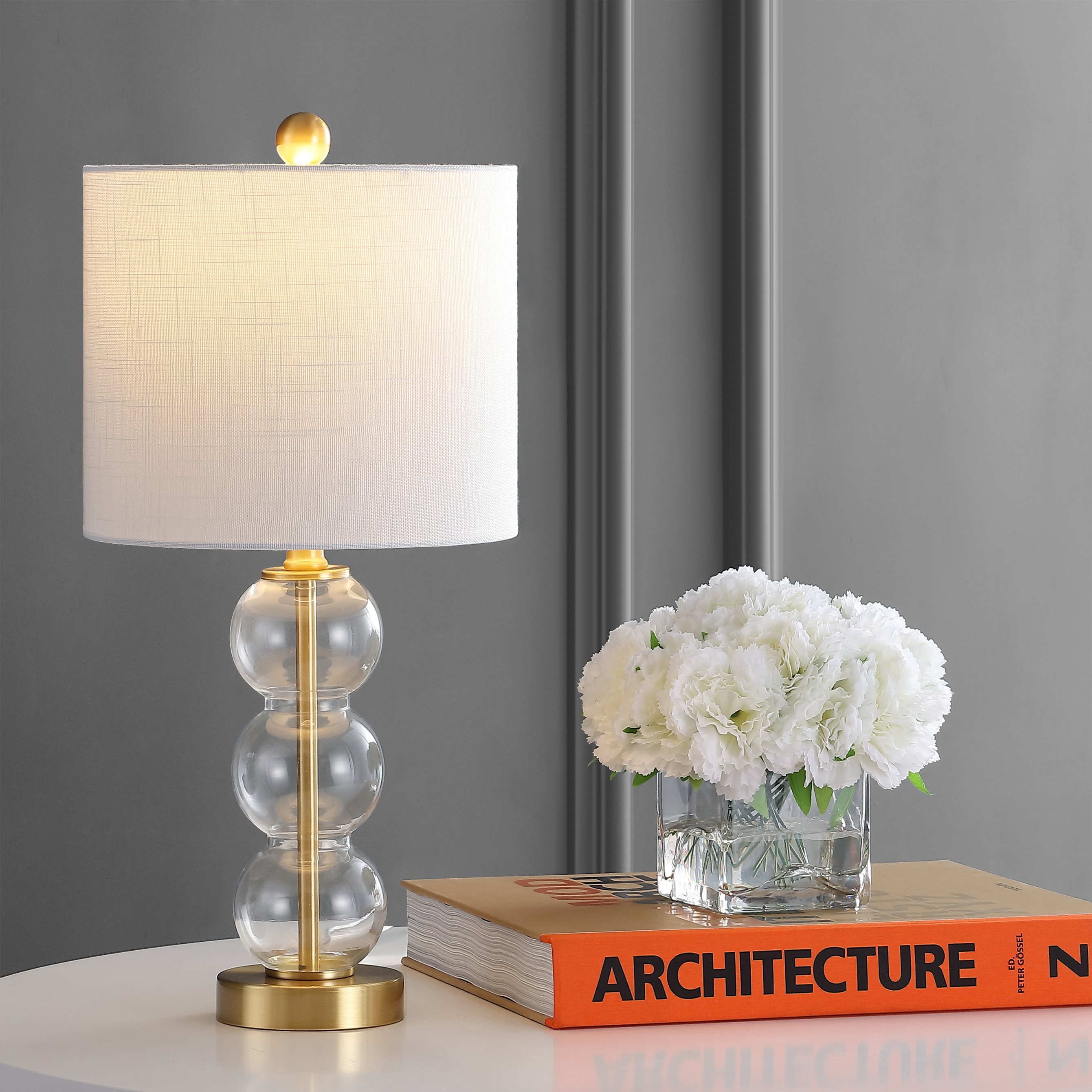 JONATHAN  Y JYL1021B February Glass/Metal Contemporary 21-in Clear/Brass Gold LED Incandescent Rotary socket Table Lamp with Linen Shade