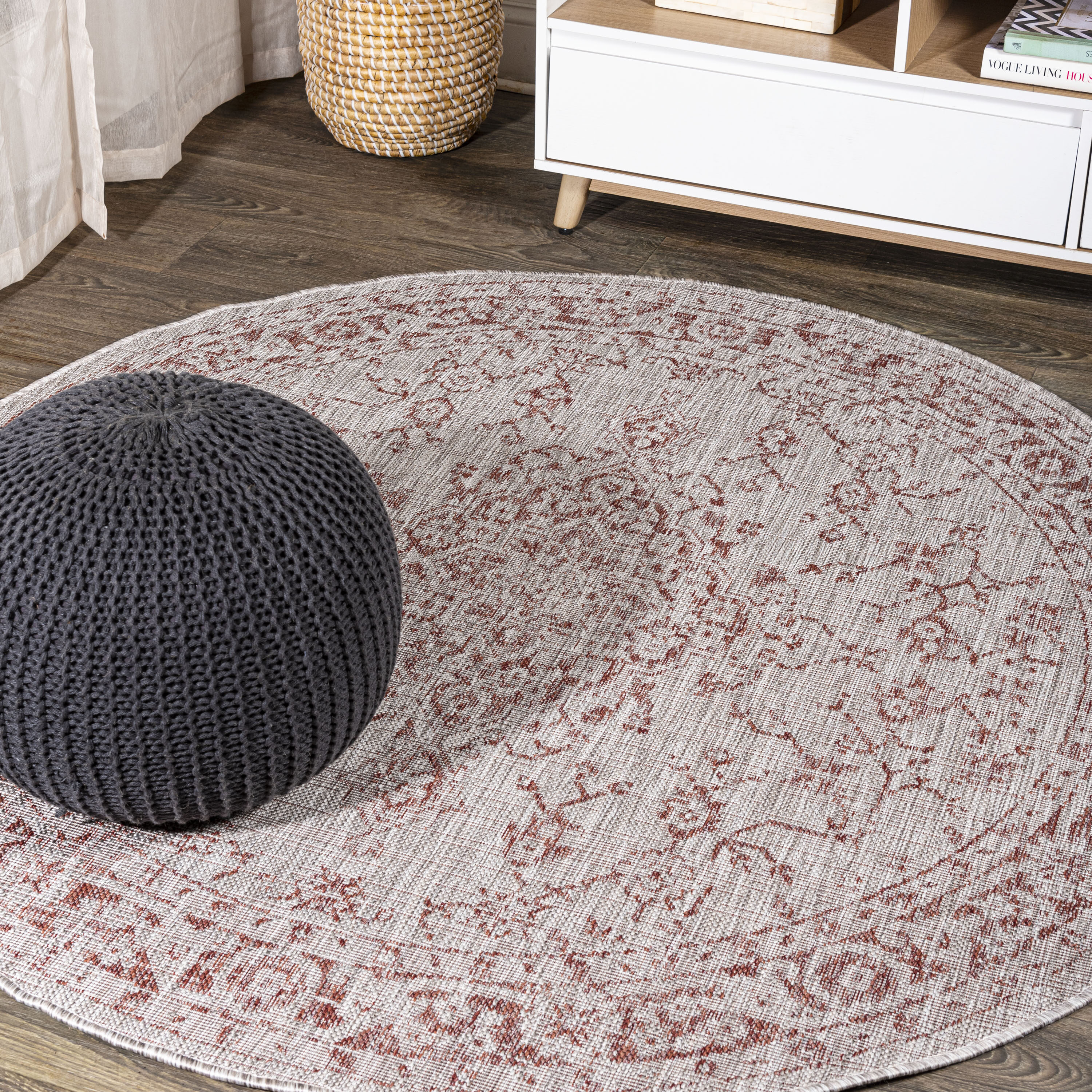 JONATHAN  Y SMB102A-5R Santa Monica Rozetta Boho Textured Weave 5 x 5 (ft) Loomed Polypropylene Red/Taupe Round Indoor/Outdoor Floral/Botanical Coastal Area rug
