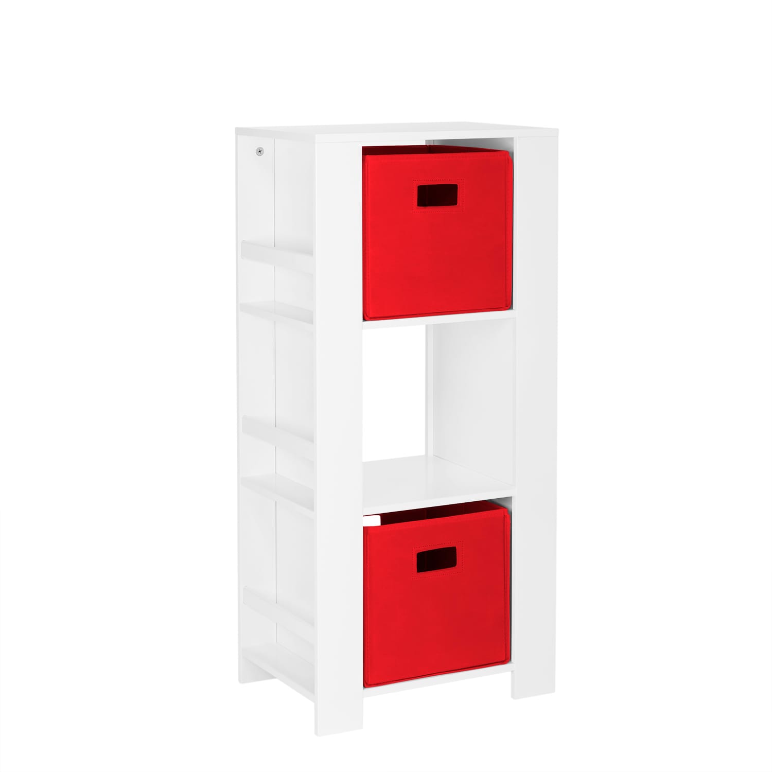 RiverRidge 02-168K Book nook cubby storage tower White with 2 Pc red bins Kids bookcase ( 17.38-Inches W x 37-Inches H x 11.81-Inches D )