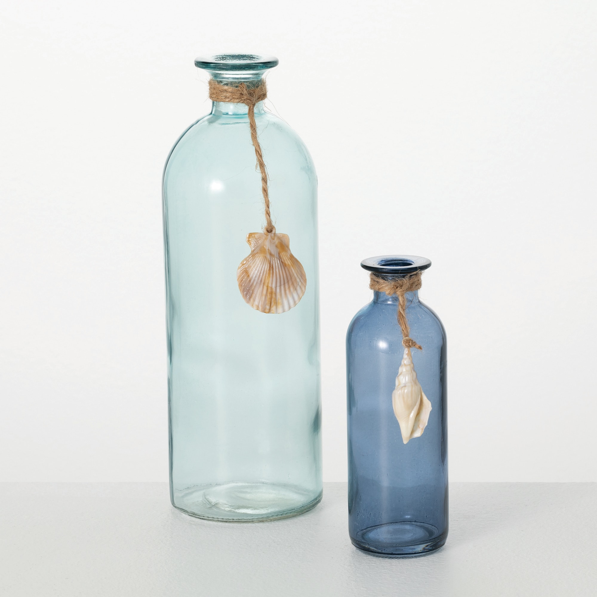 Sea-Blue Glass Bottle Vase Set with Jute and Seashell Accents