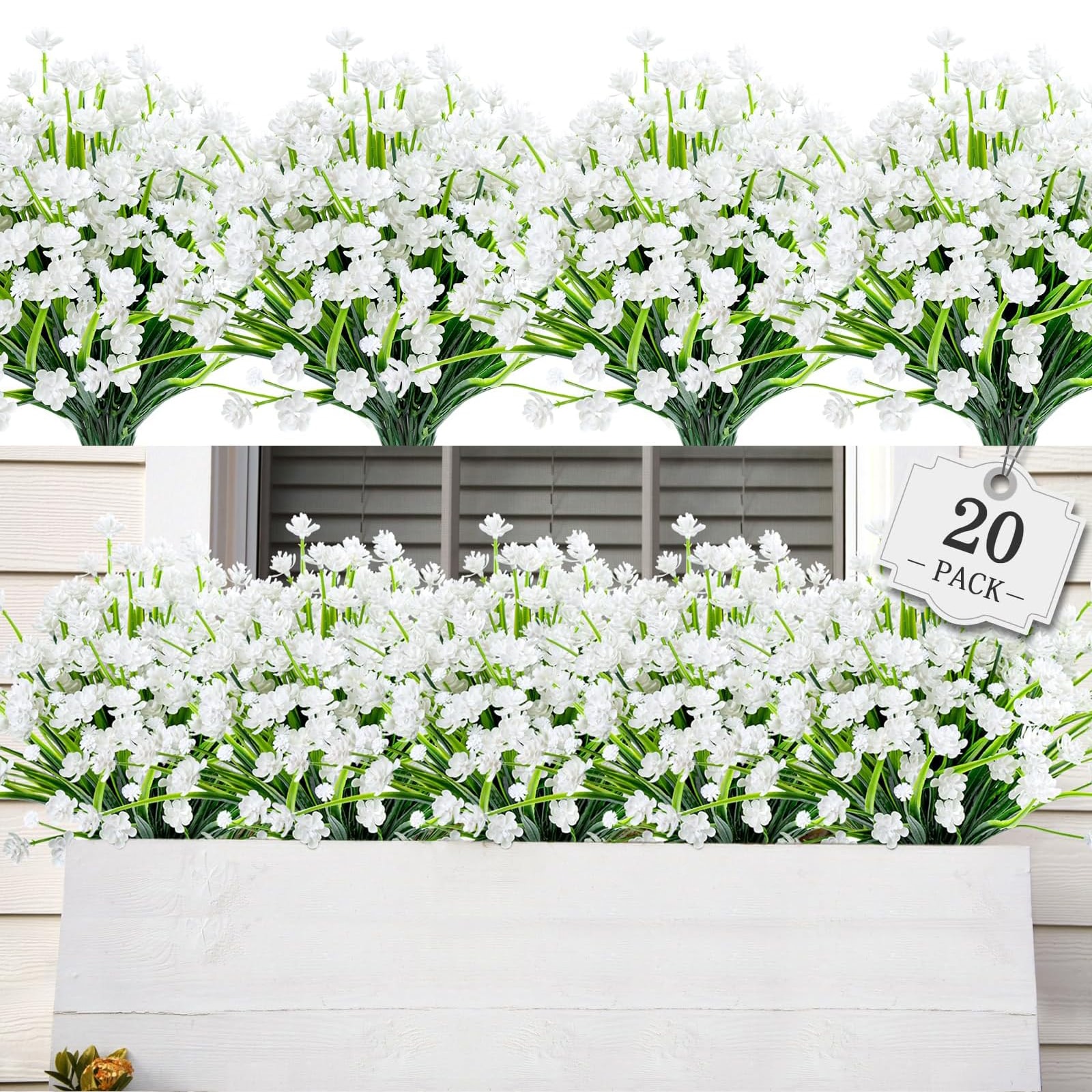 Misopily 20 Pack UV Resistant Artificial Flowers Pure White Plastic Plants 13.4 in H x 9.5 in W Maintenance Free Outdoor Garden Porch Window Box Decor