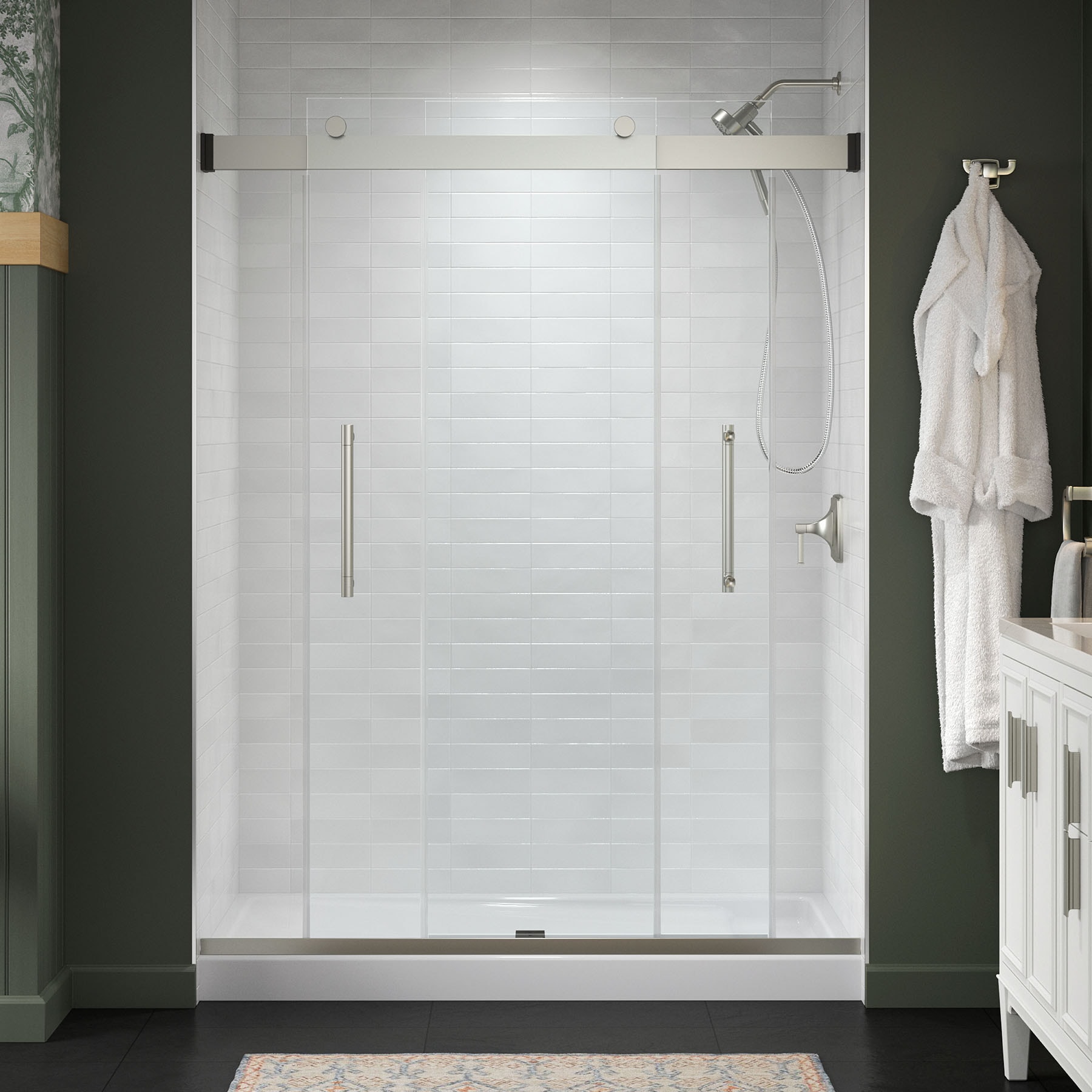 KOHLER 702474-8L-BNK Premise Anodized Brushed Nickel 56-in to 60-in W x 75.75-in H Frameless Bypass Sliding Soft Close Shower Door 5/16-in Thick Clear Glass